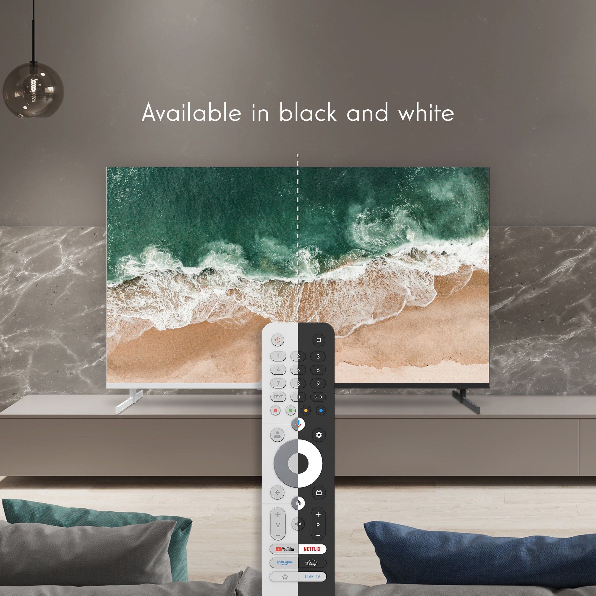 TV displaying an ocean scene with a remote control in front, on a marble wall background.