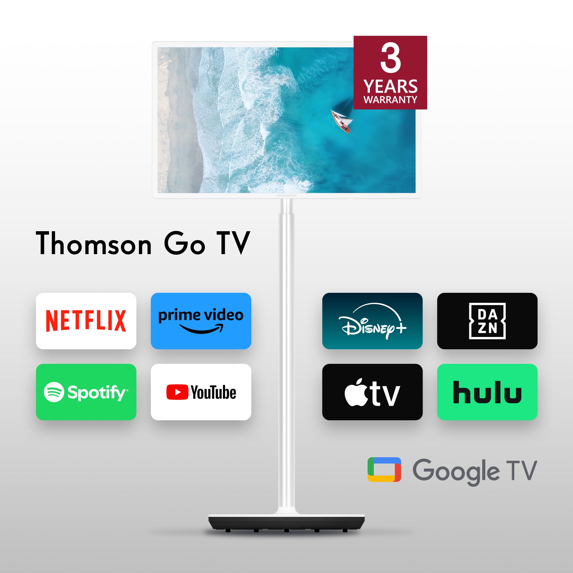 Thomson Go TV device with streaming app logos on a gray background
