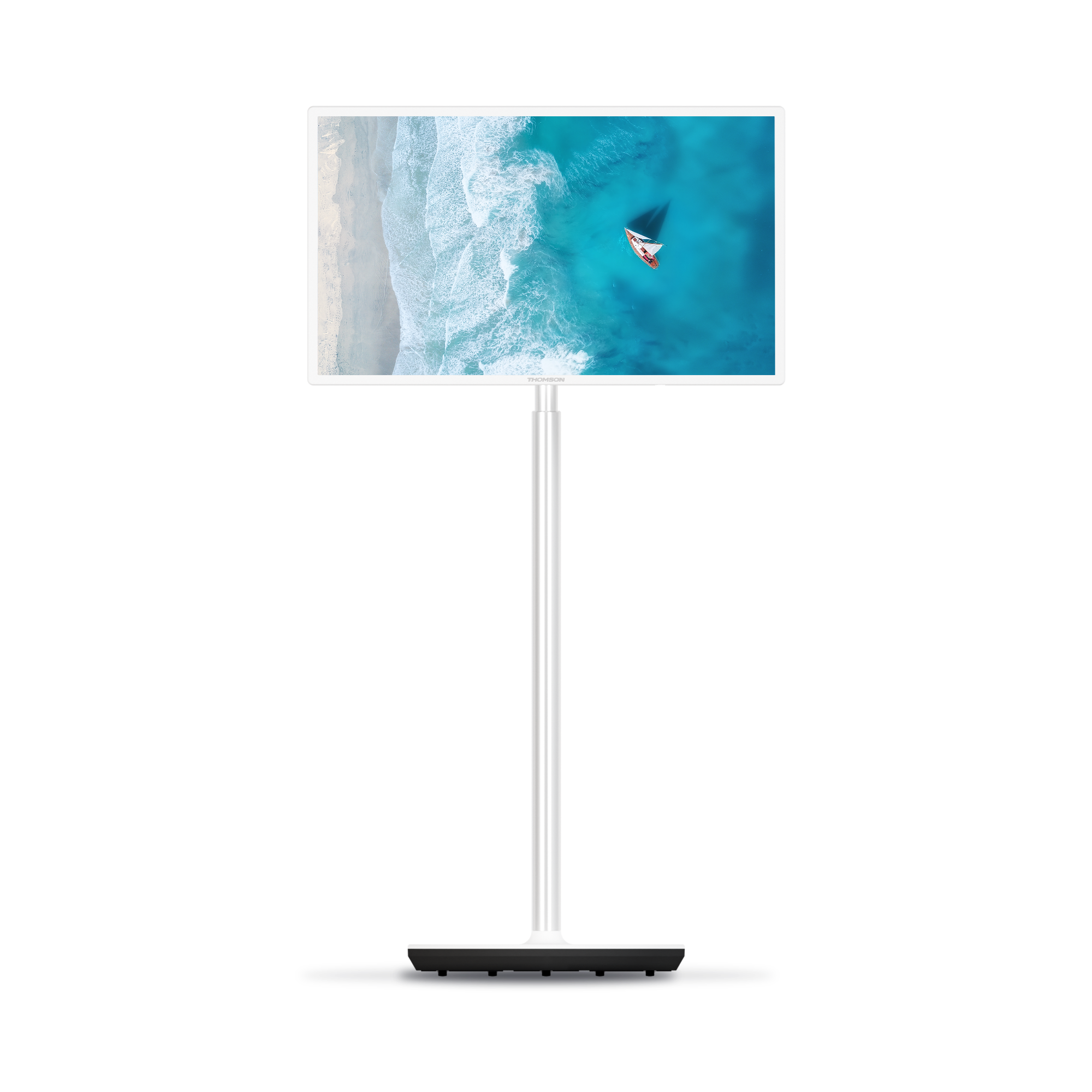 POrtable TV on a stand displaying an image of a sailboat in the ocean.