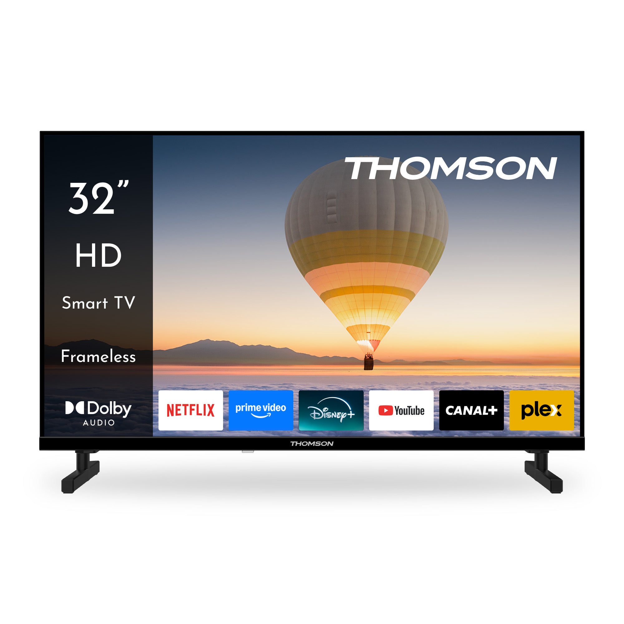 Thomson 32-inch HD Smart TV with display of streaming services on a white background