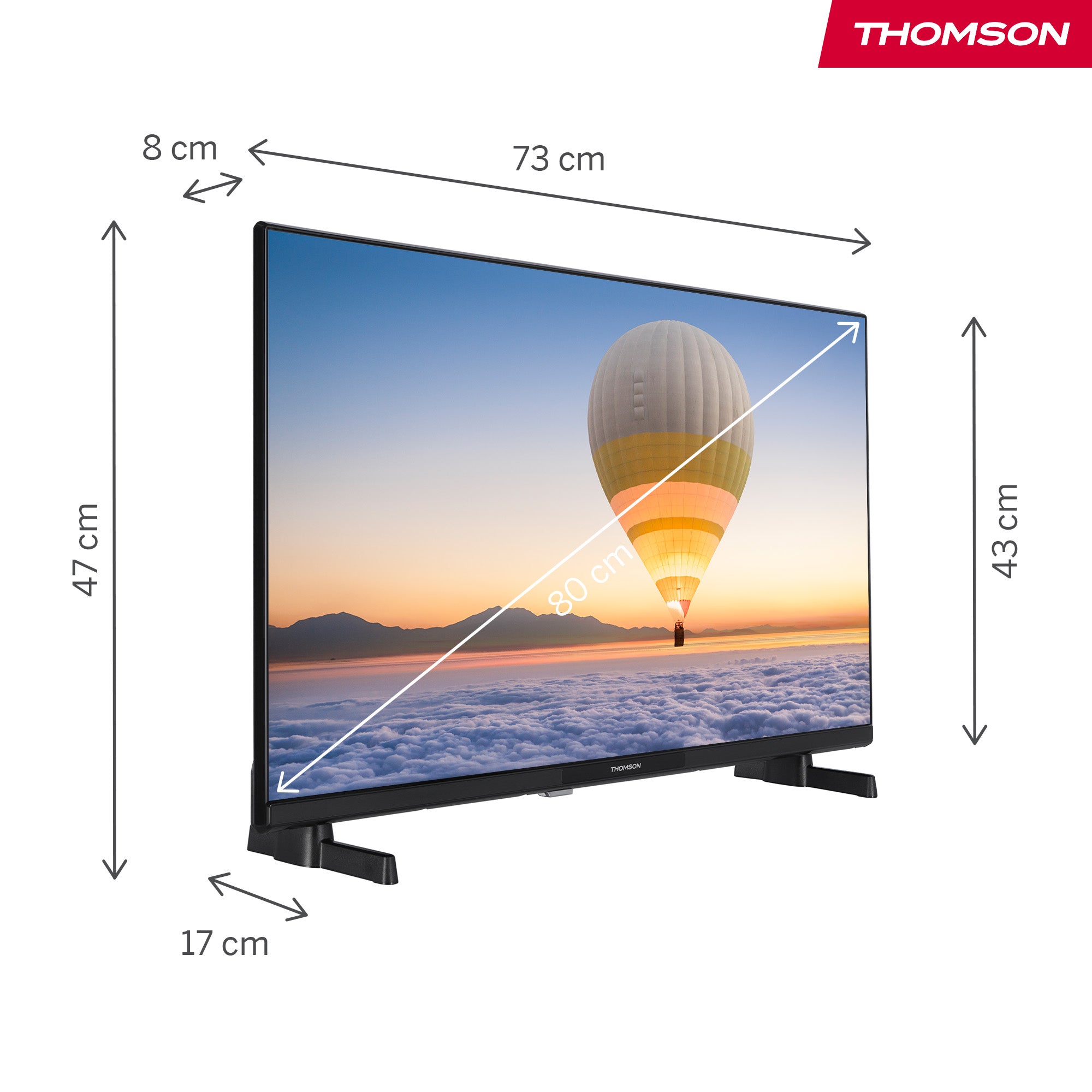 Thomson TV with dimensions labeled on a white background