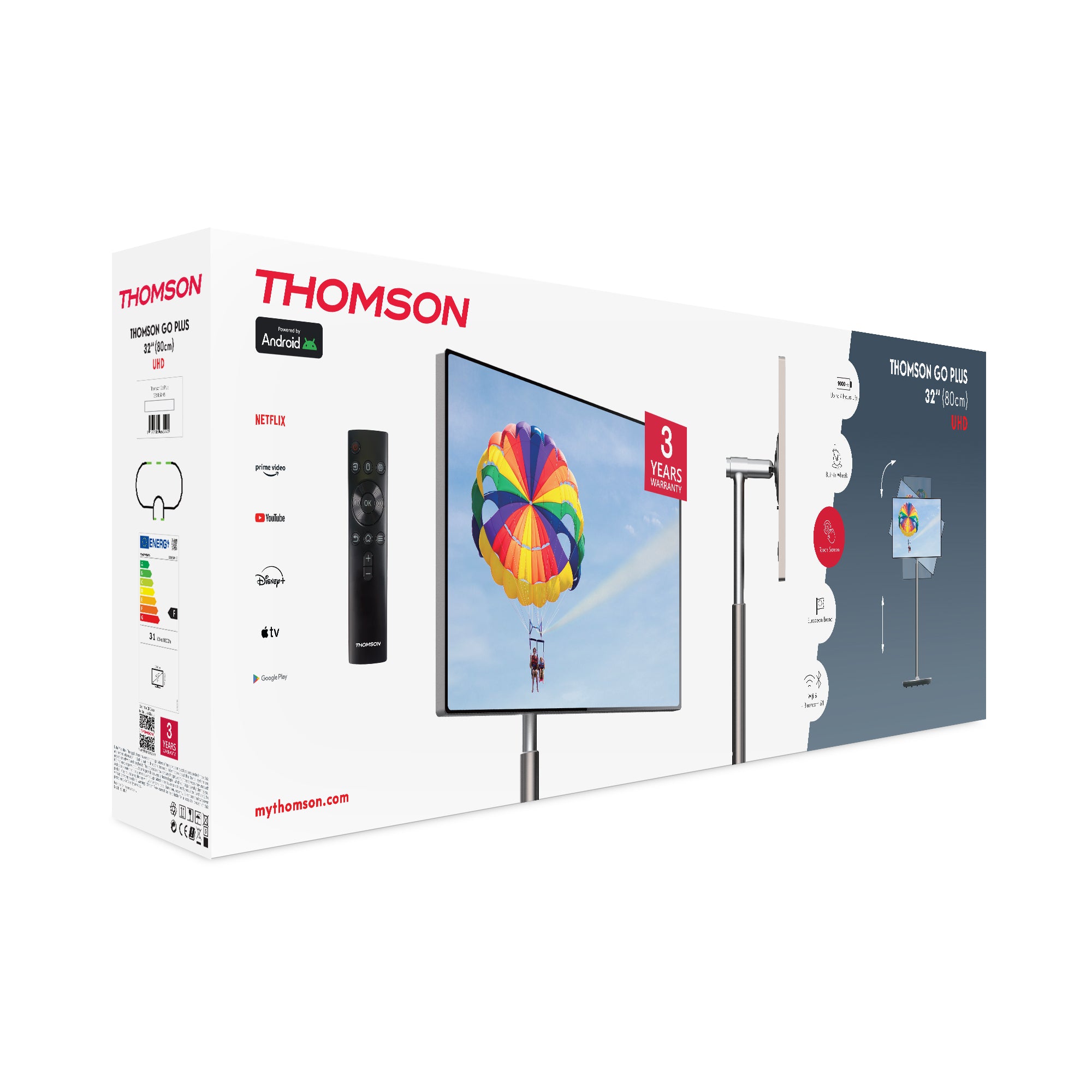 Thomson electronic device packaging with TV screen and remote control on a white background