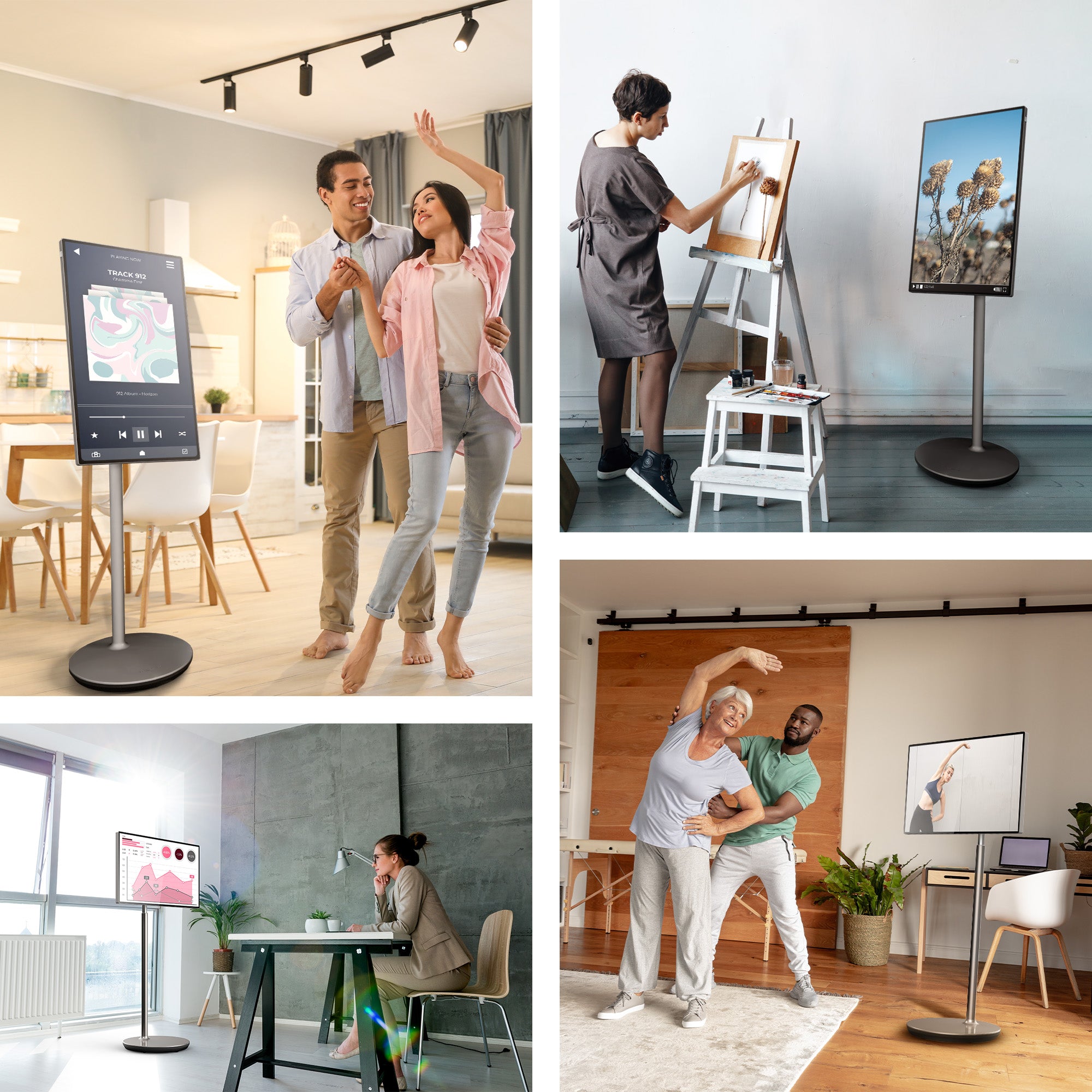 Collage of a woman using a portable screen in various settings, including a living room, studio, and home office. 