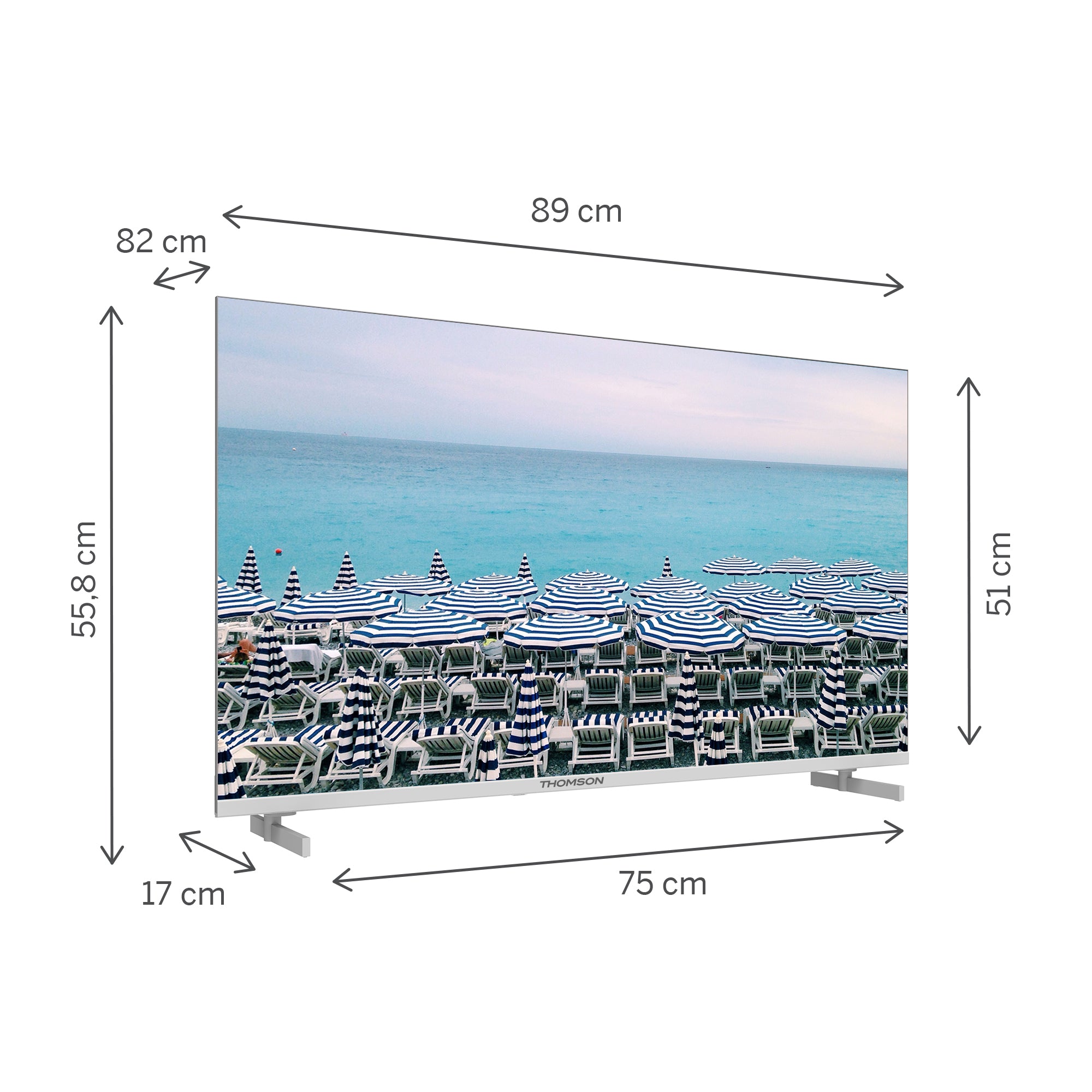TV screen displaying a beach scene with dimensions labeled on a white background