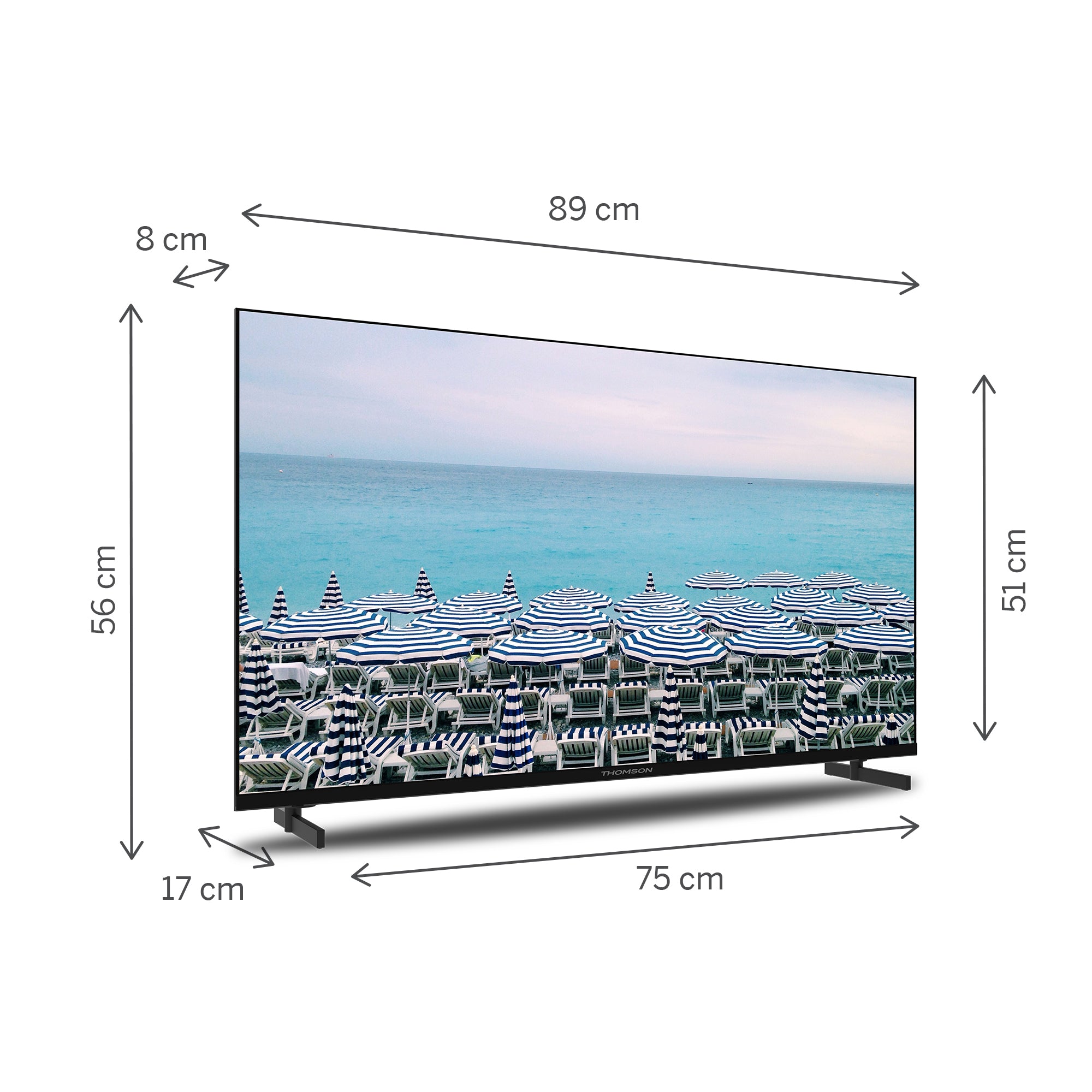 Dimensions of a television screen with beach scene.