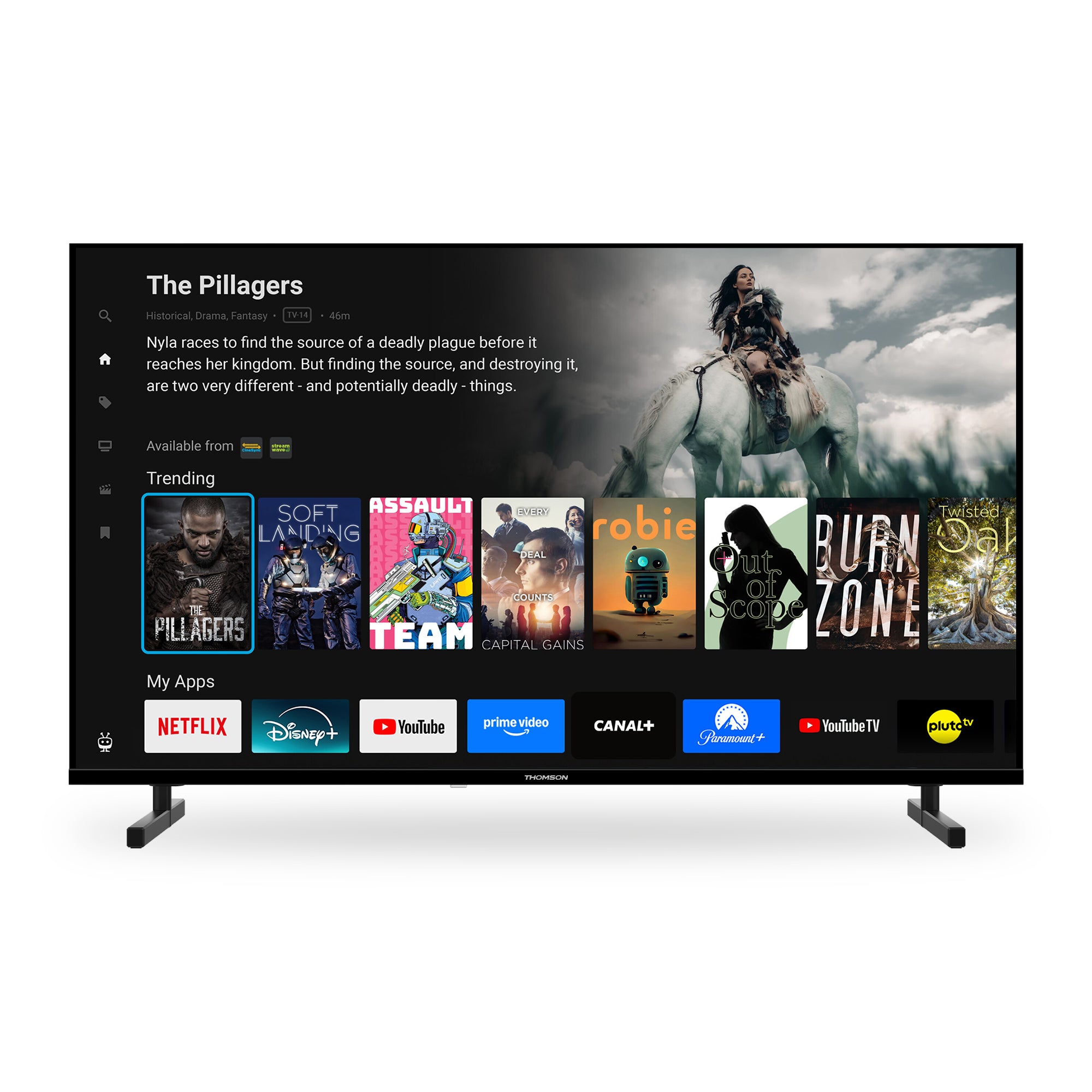 Smart TV displaying a streaming platform interface with various app icons.