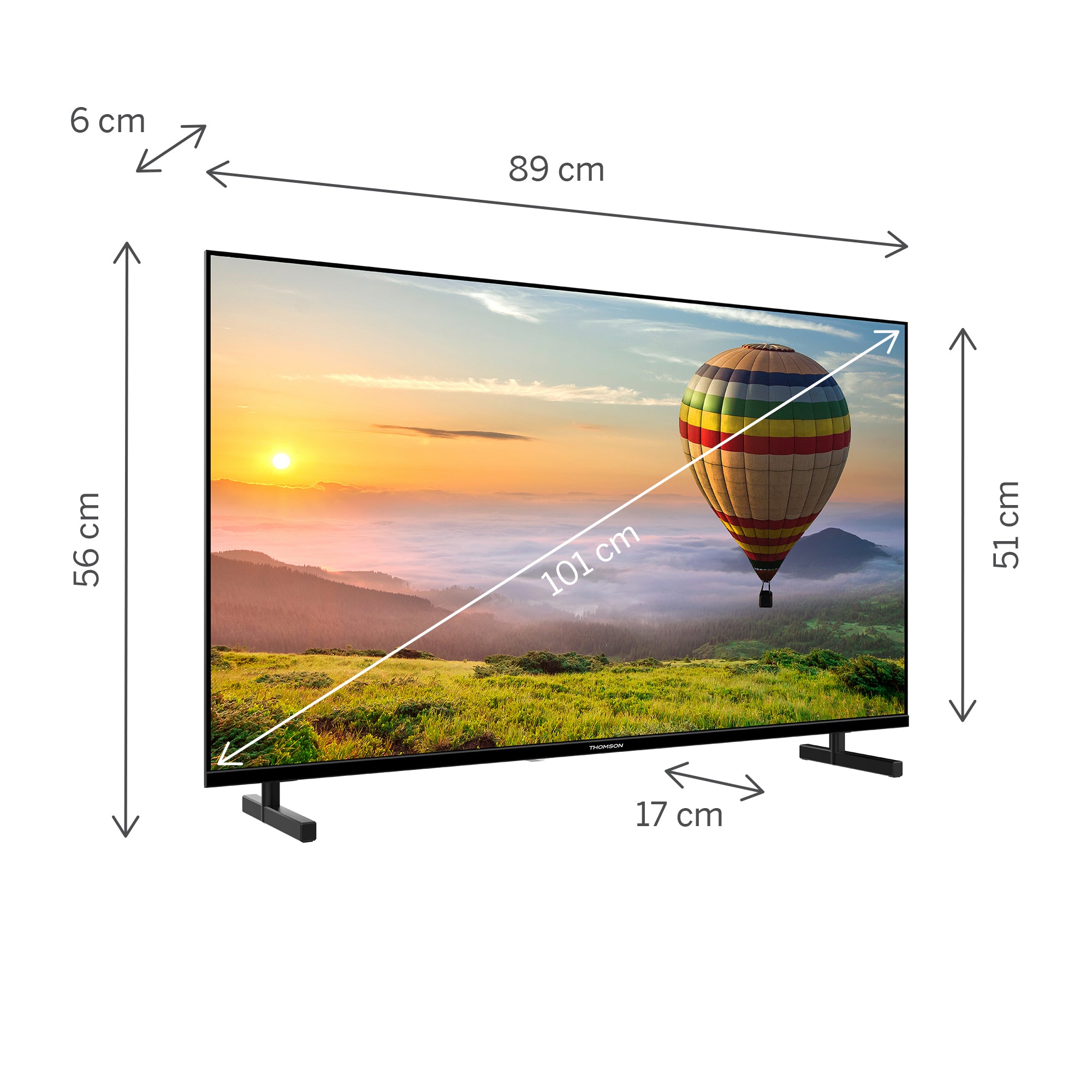 Smart TV with dimensions labeled on a white background