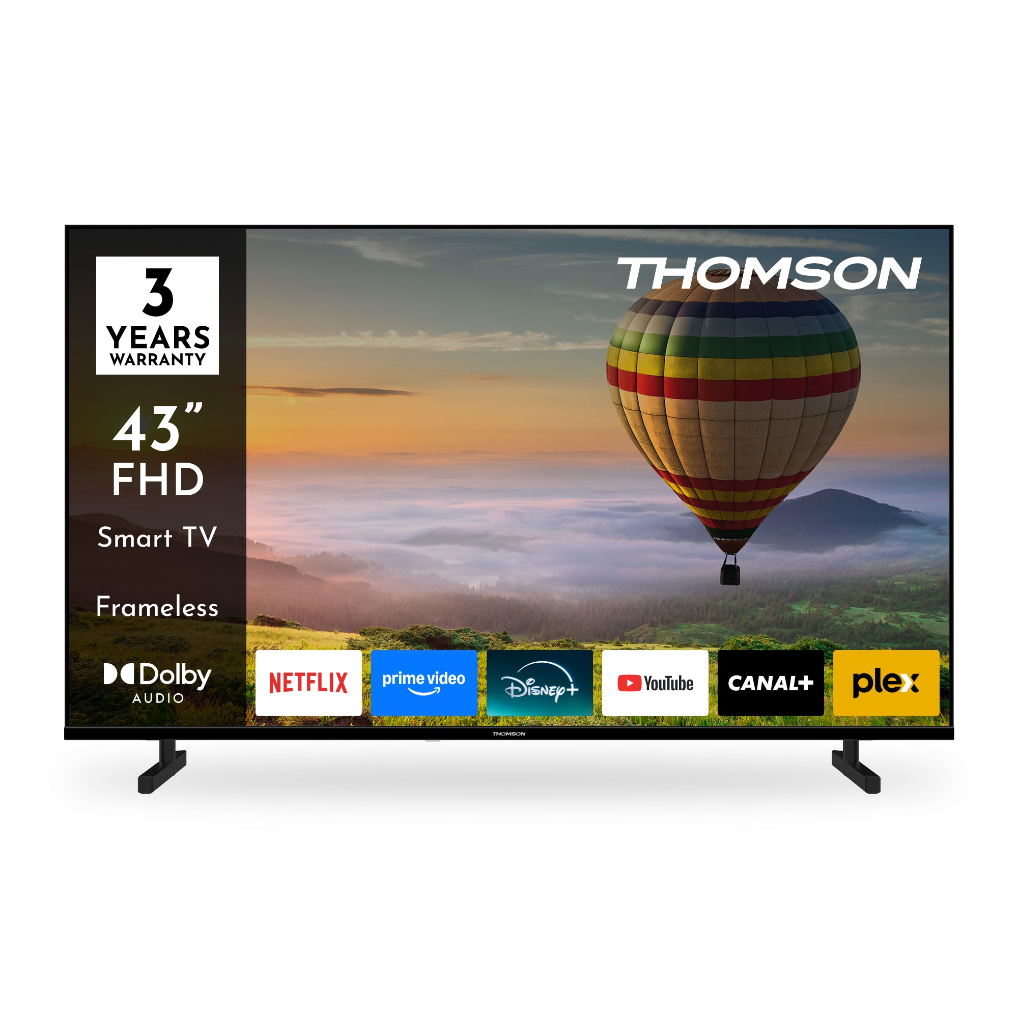 Thomson smart TV displaying a hot air balloon over a mountain with brand logos and features.