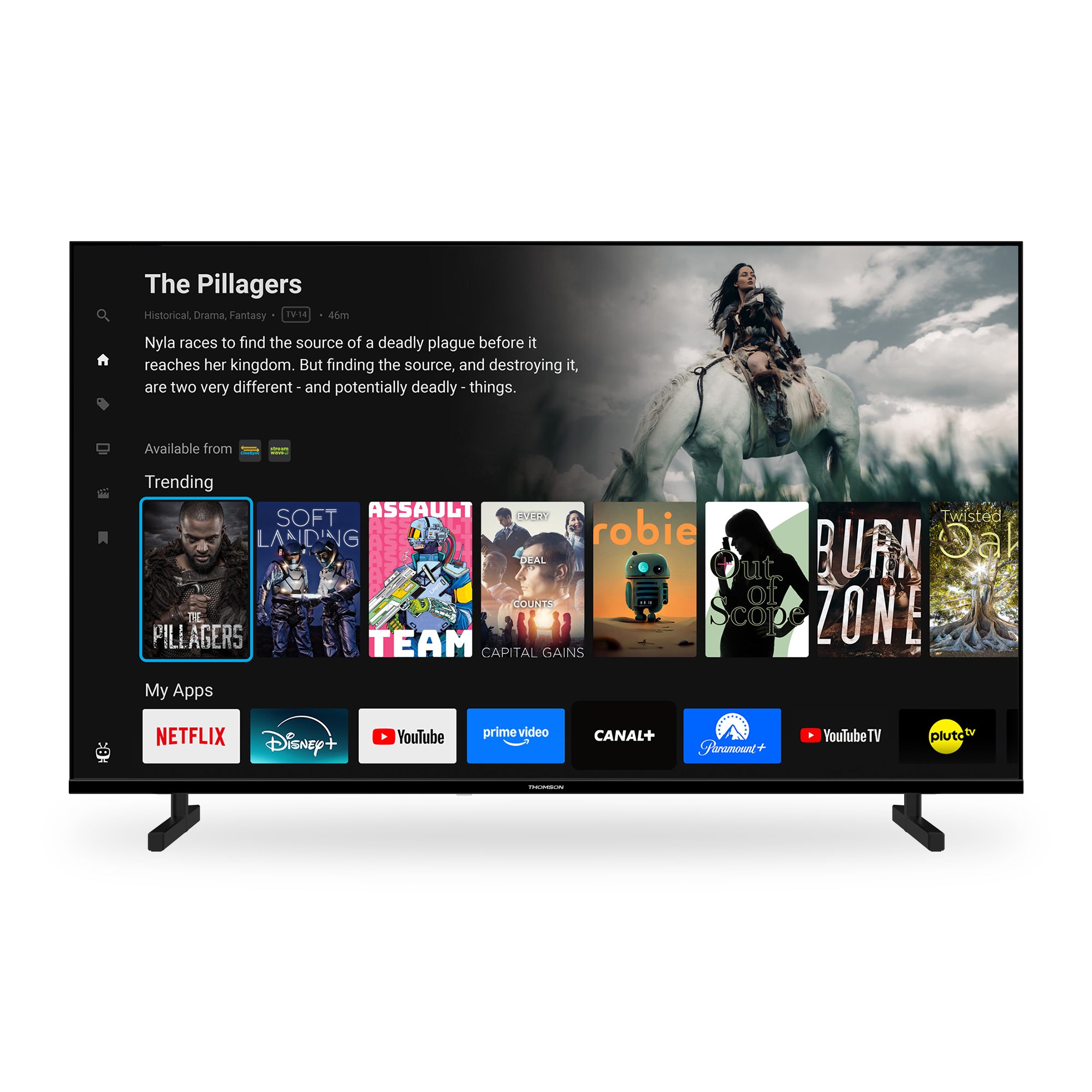 Smart TV displaying a streaming platform interface with various app icons.