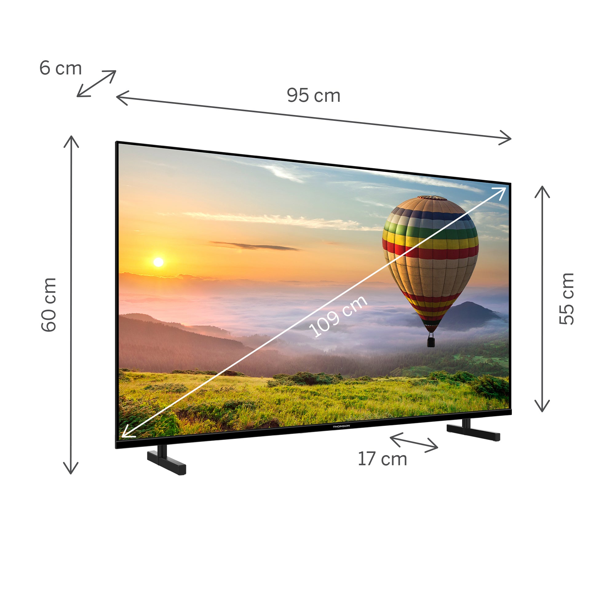 Smart TV with dimensions labeled on a white background