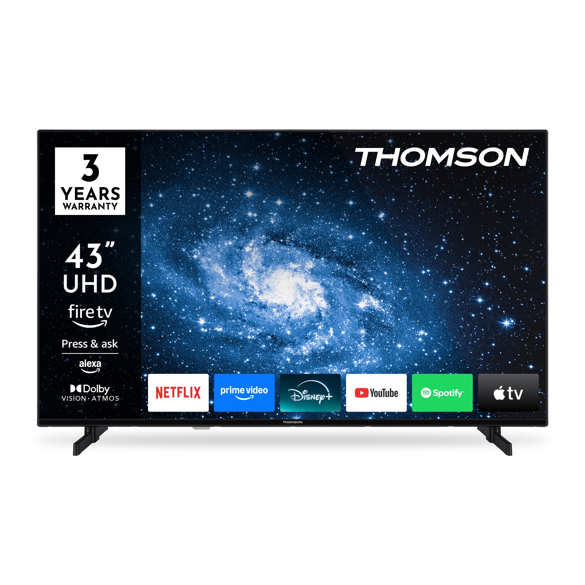 43" THOMSON Smart TV with a blue galaxy screen fill on white background