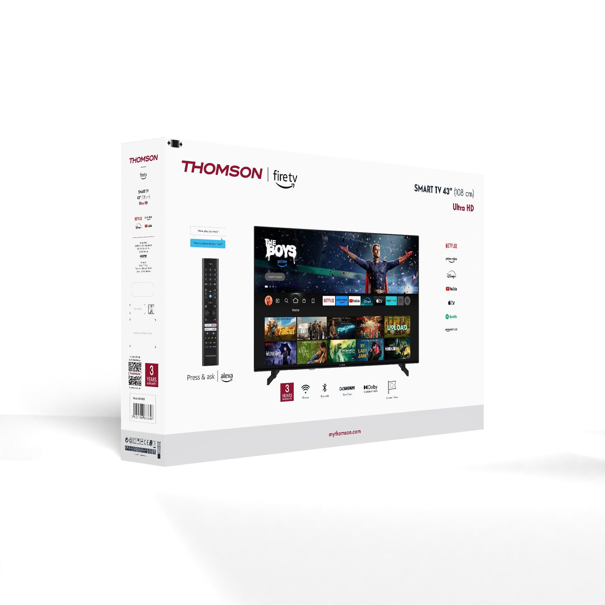 Thomson FireTV smart TV packaging with screen displaying streaming apps on a white background