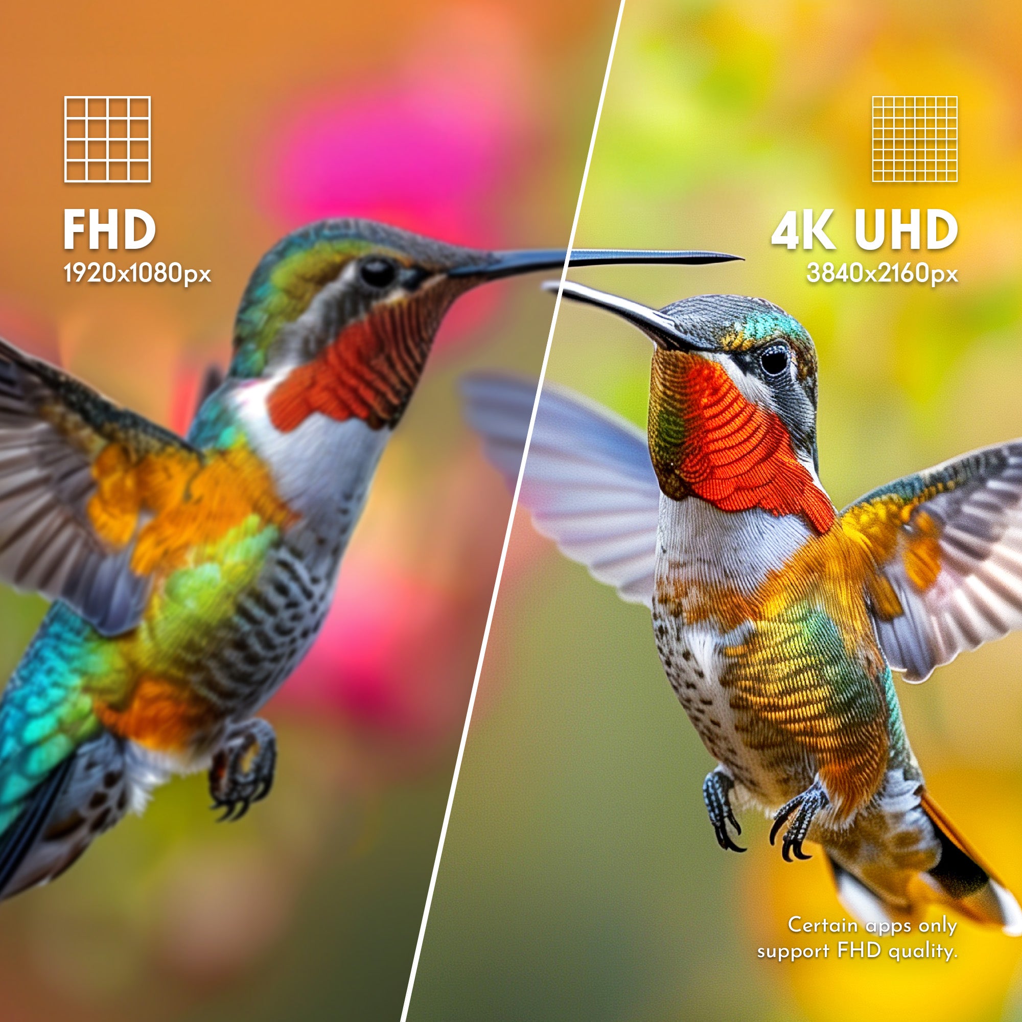 Comparison of a colorful bird at FHD (1920x1080px) and 4K UHD (3840x2160px) resolutions.