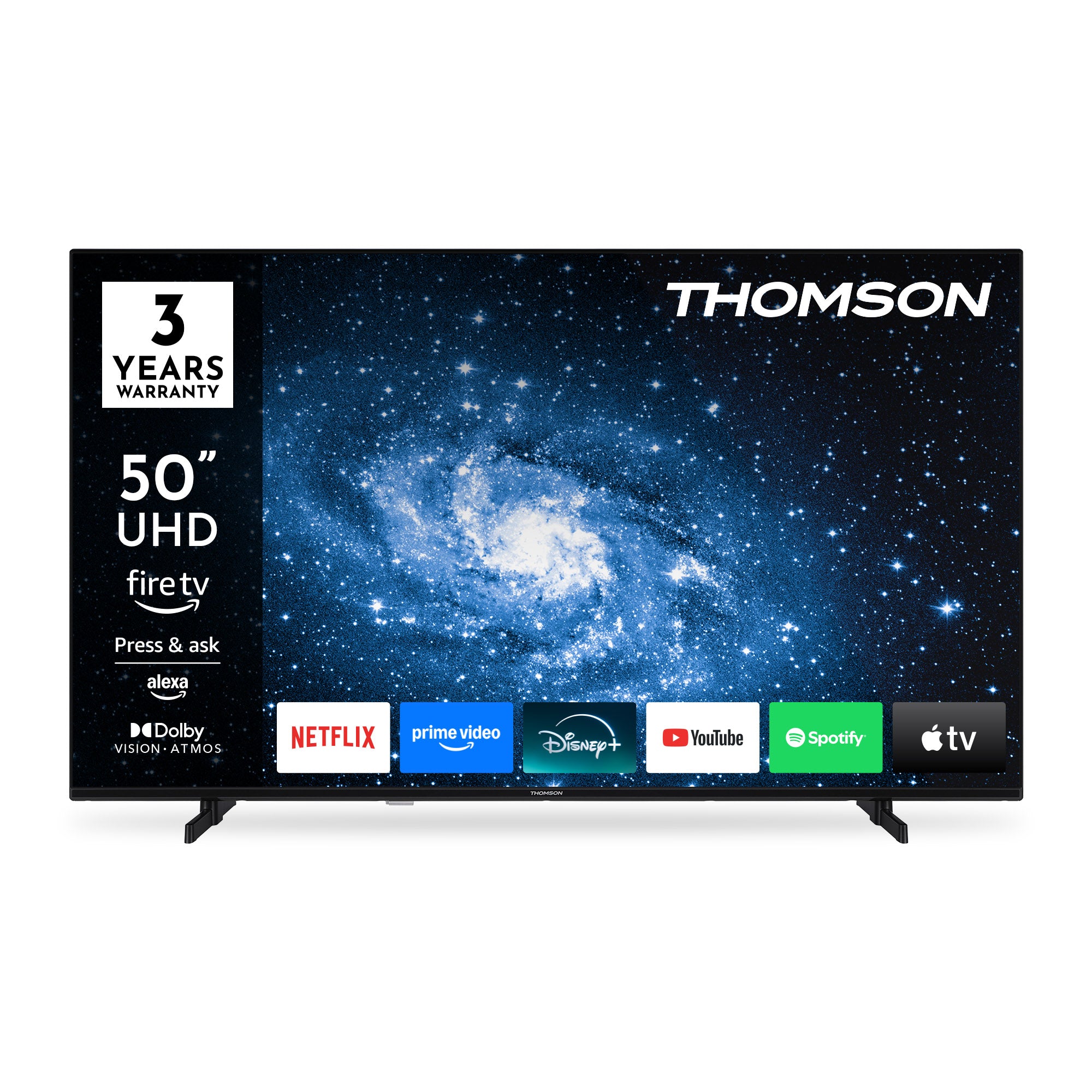 Thomson 50-inch UHD TV with streaming app icons on a white background