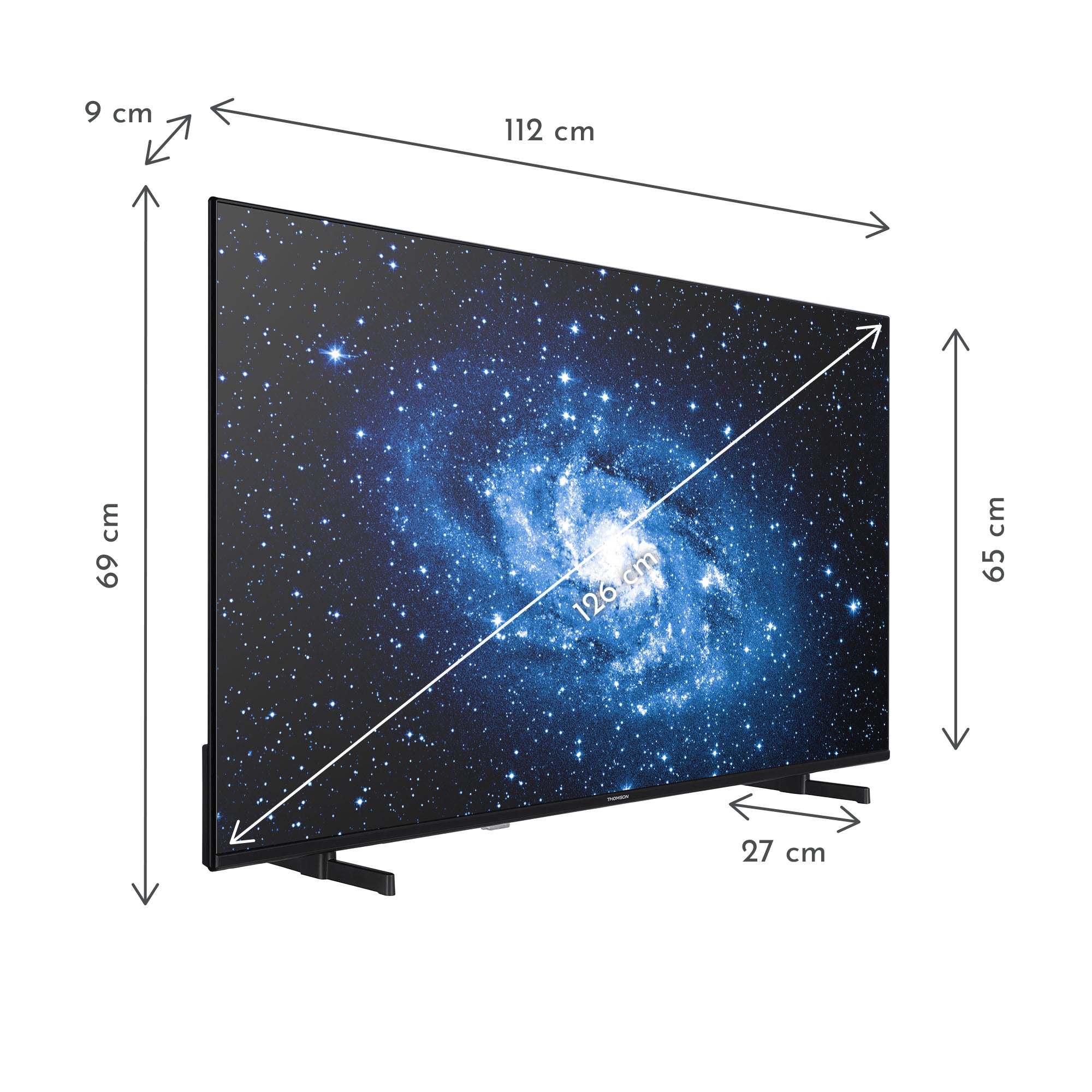 Smart TV with dimensions labeled on a white background