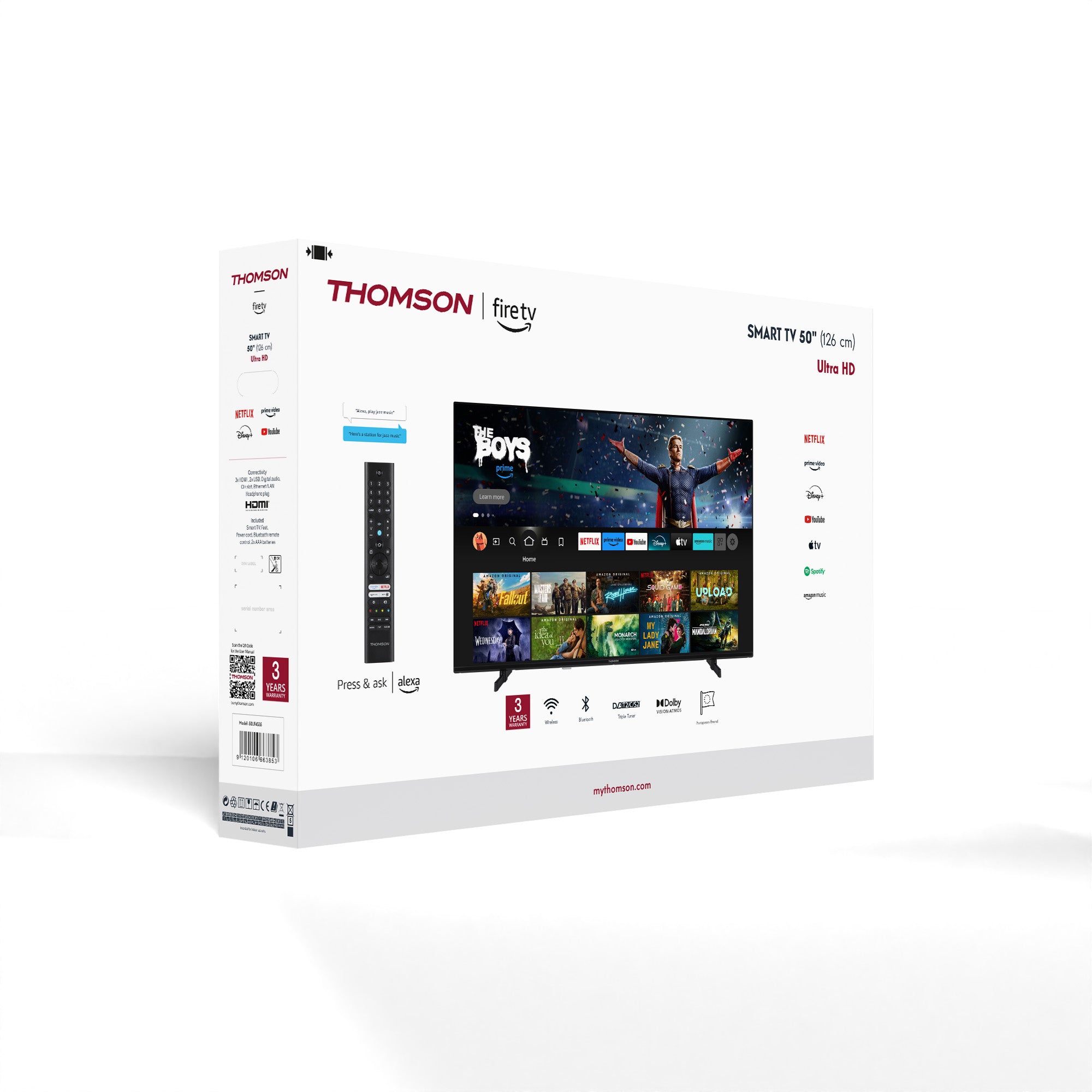 Thomson TV packaging with screen displaying content on a white background