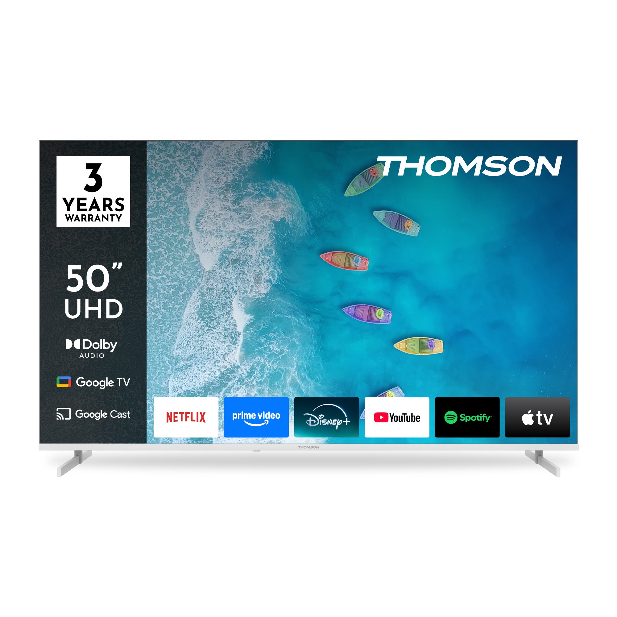Thomson 50-inch UHD TV with branding and features on a white background