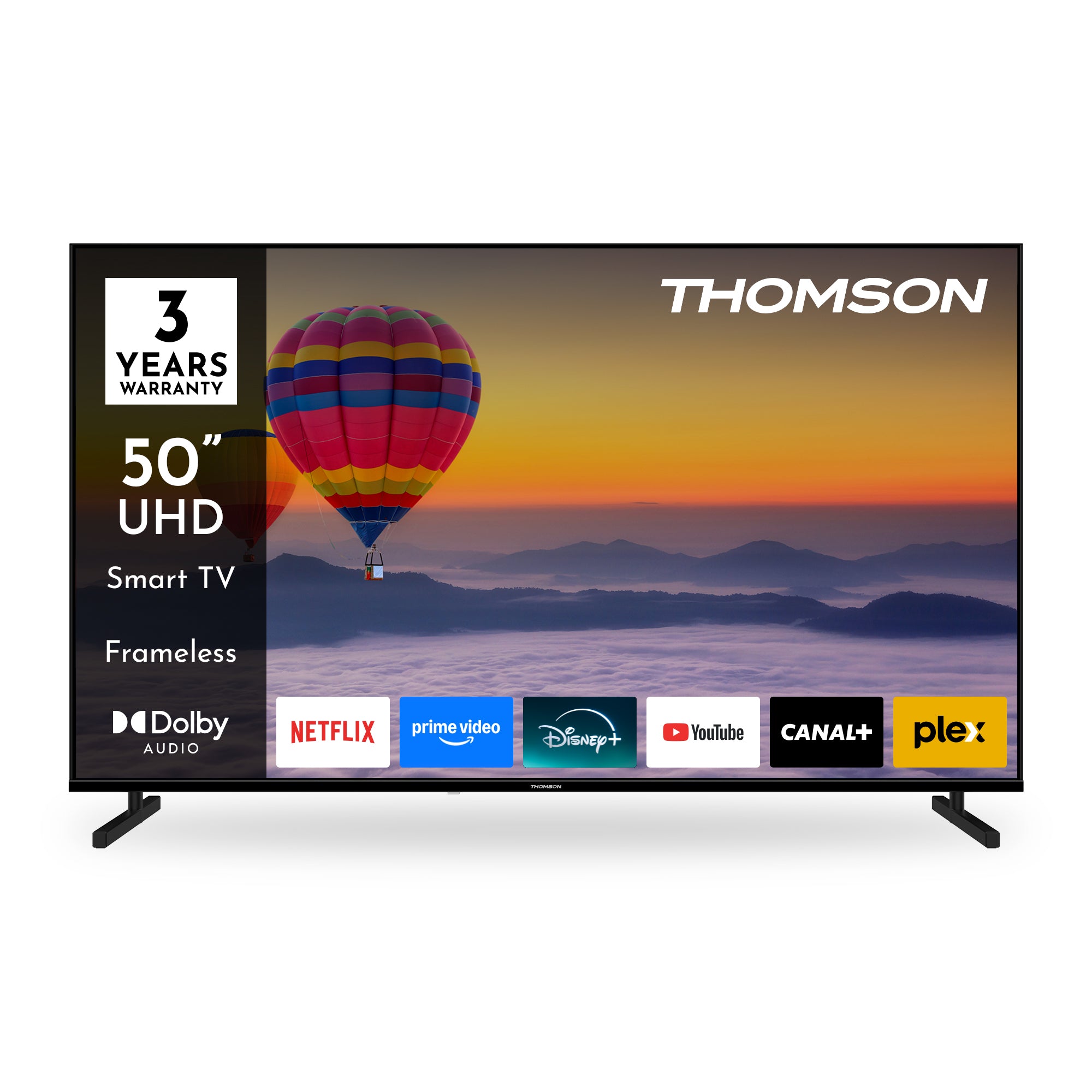 Thomson 50-inch UHD smart TV with a hot air balloon graphic on the screen.