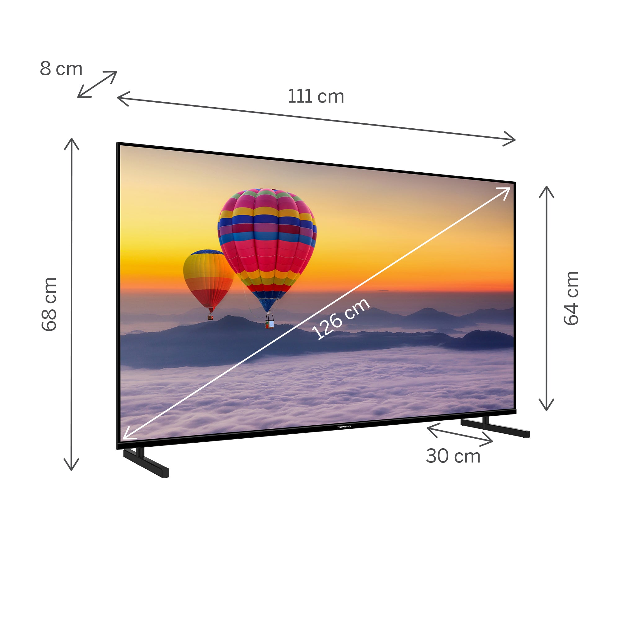 Smart TV with dimensions labeled on a white background