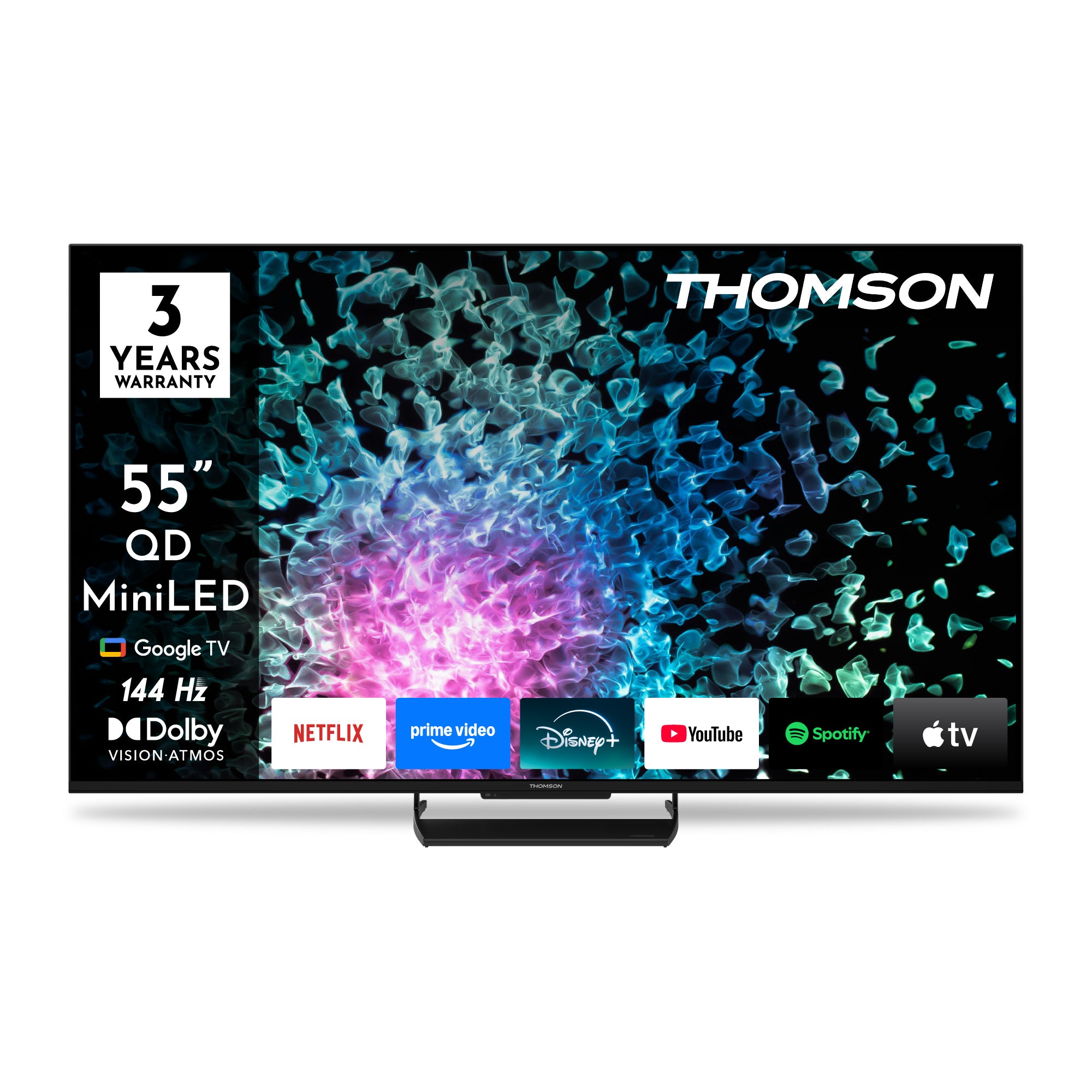 Thomson 55-inch QLED MiniLED TV with streaming app icons on a white background
