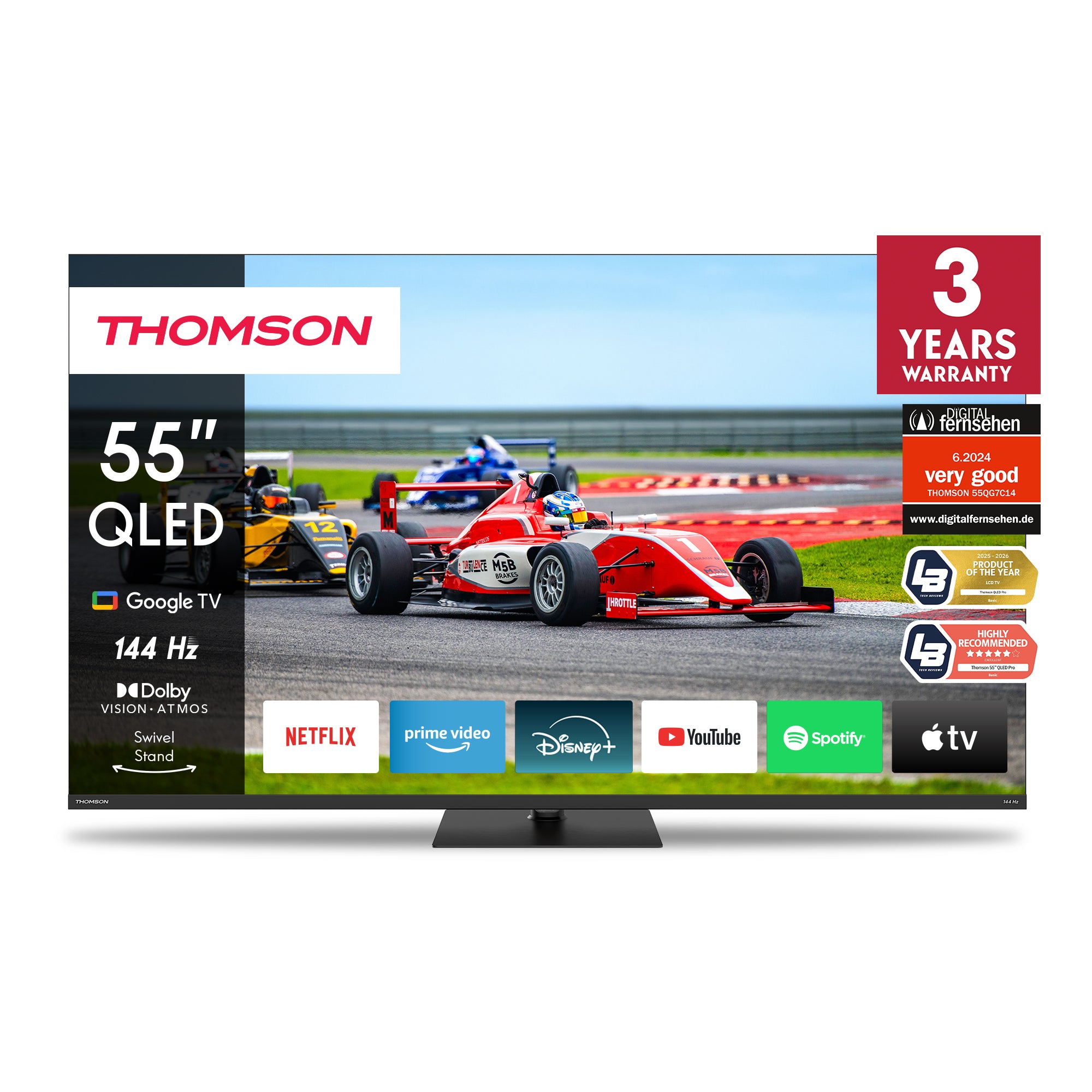 Thomson 55-inch QLED TV displaying a racing car on the screen with brand logos and warranty information.