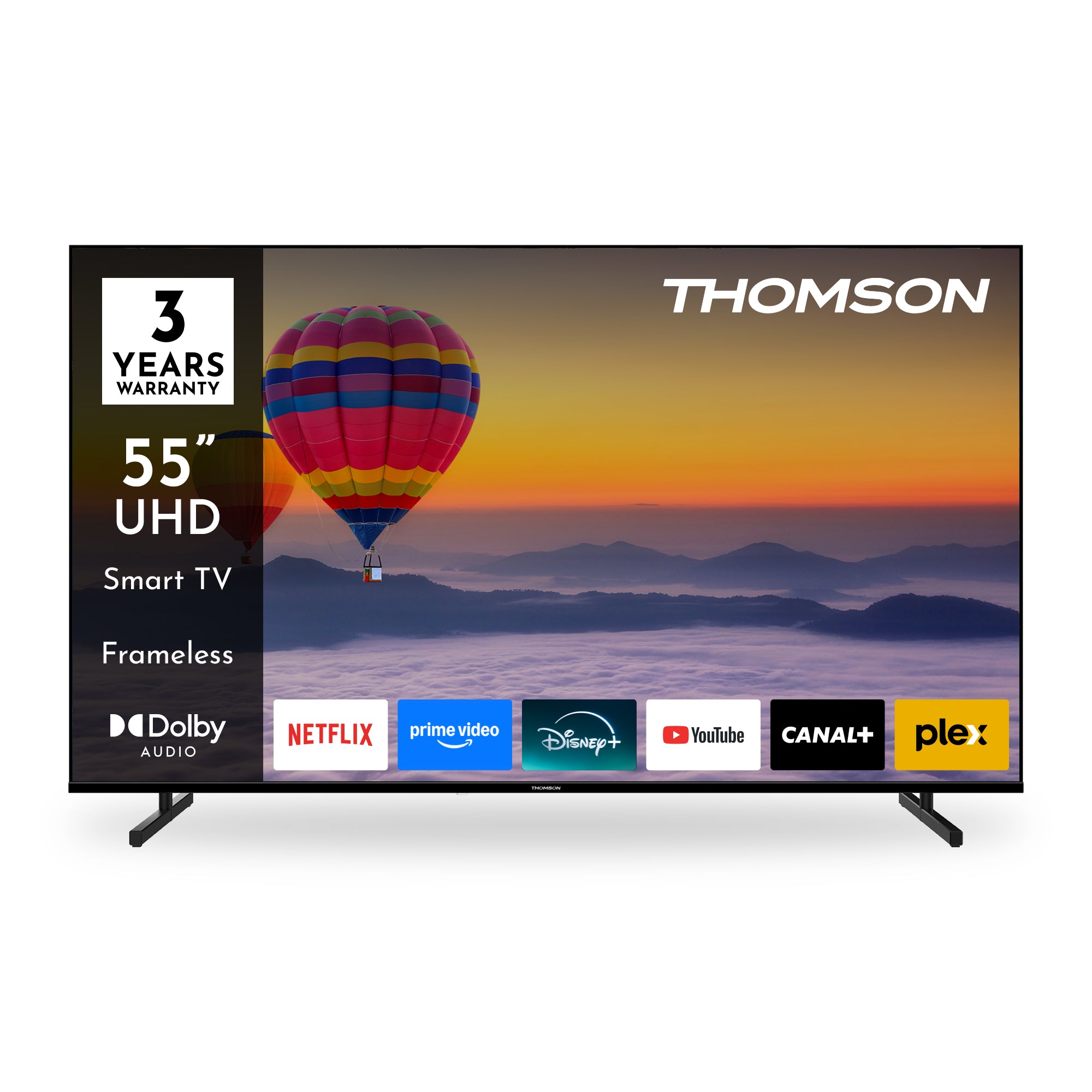 Thomson 55-inch UHD smart TV with a colorful hot air balloon on the screen