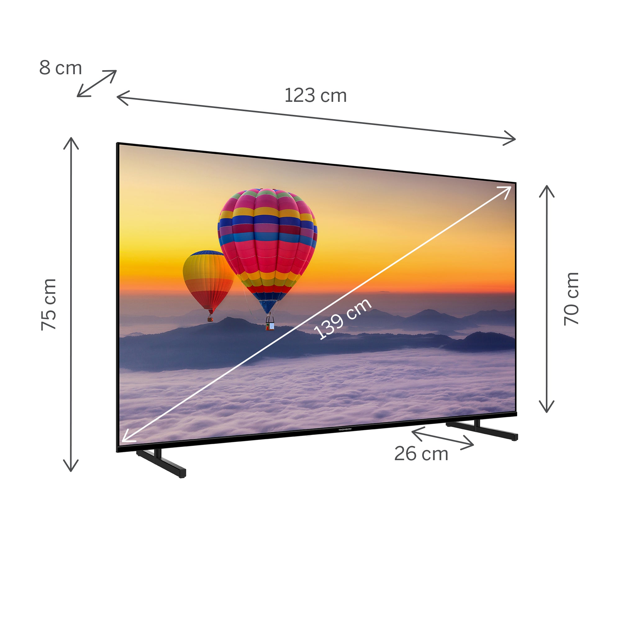 Smart TV with dimensions labeled on a white background