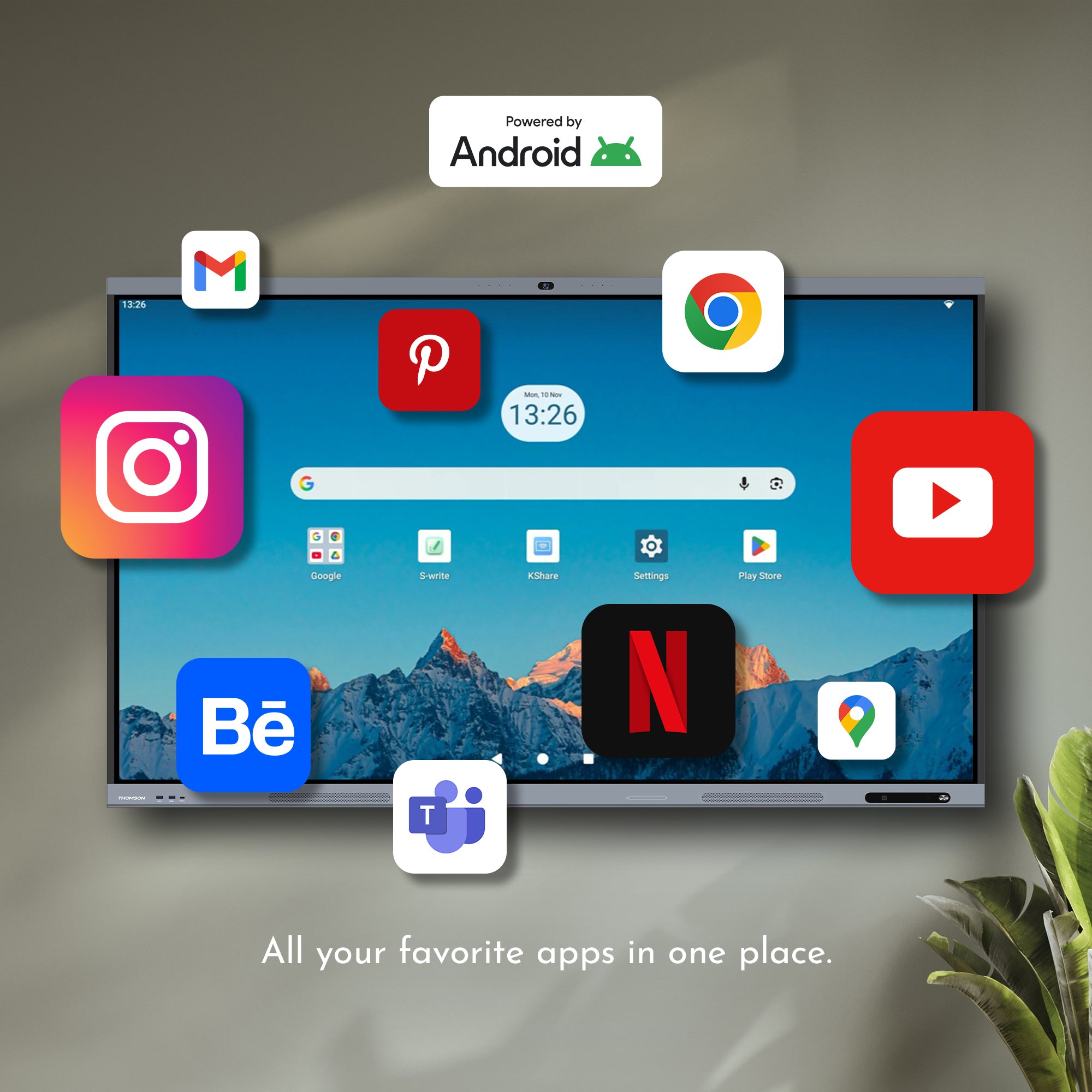 Smart TV screen with various app icons and Android logo, displaying 'All your favorite apps in one place.' text.