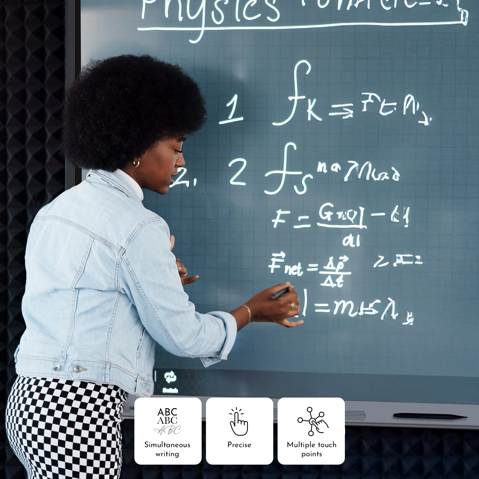 Person writing on a digital whiteboard with physics equations