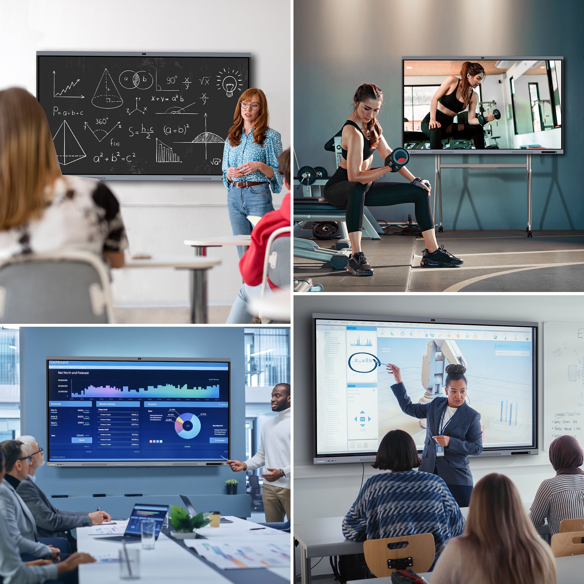 Collage of four scenes: a classroom, a fitness class, a meeting room, and a presentation.