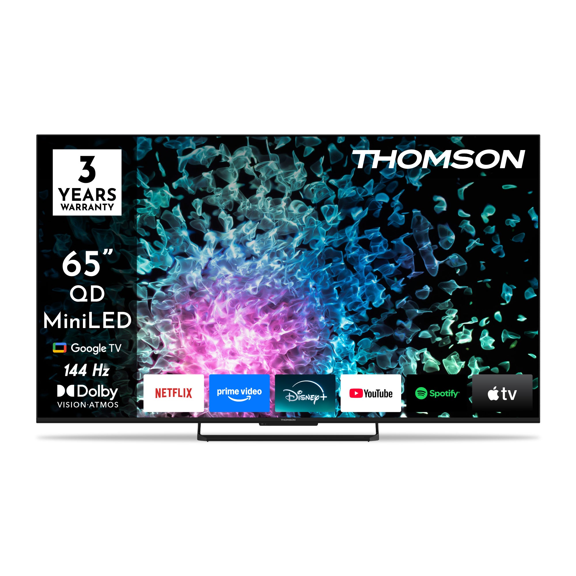 65-inch Thomson QLED Miniled TV with various streaming app logos on a white background