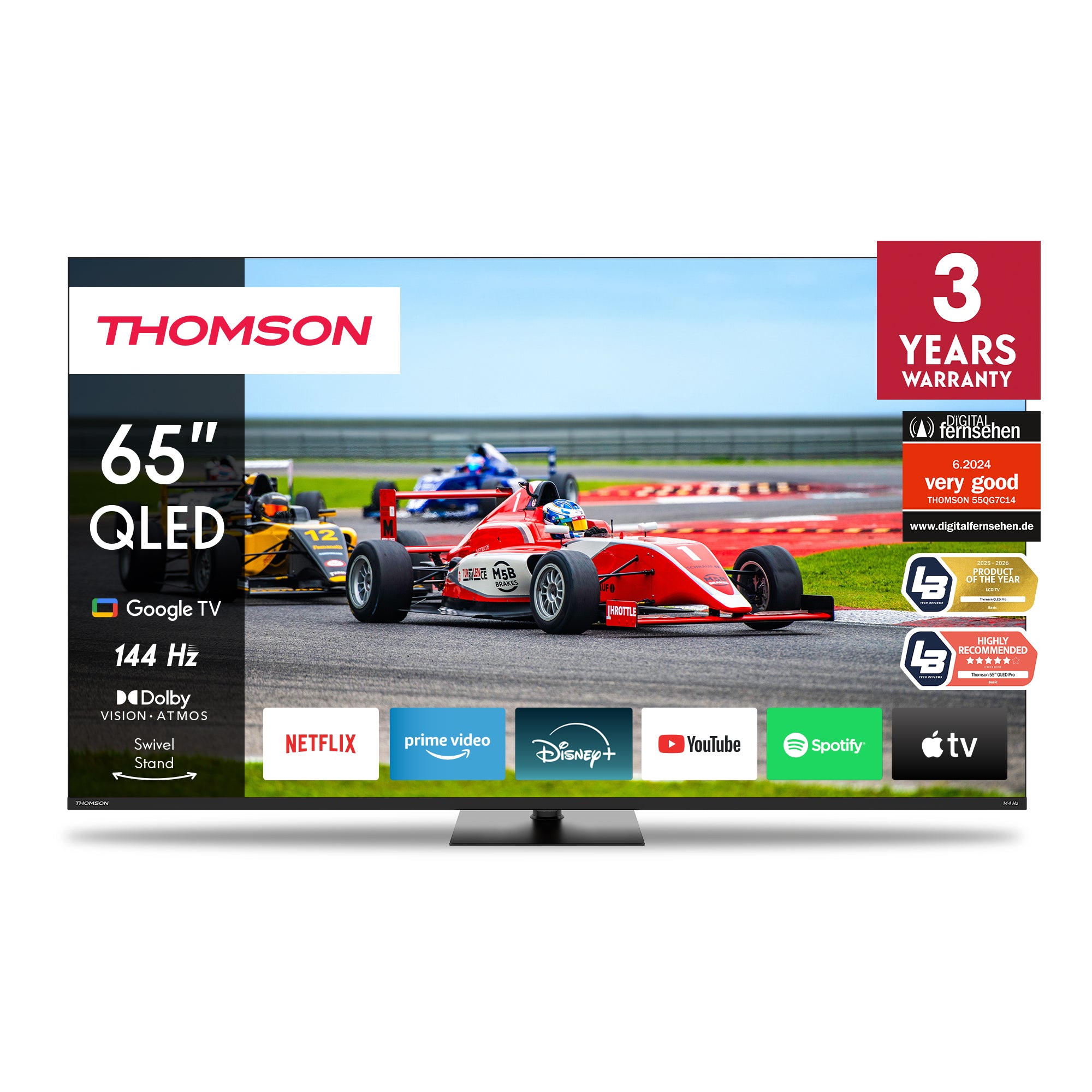 Thomson 65-inch QLED TV displaying a racing car on the screen with warranty information.