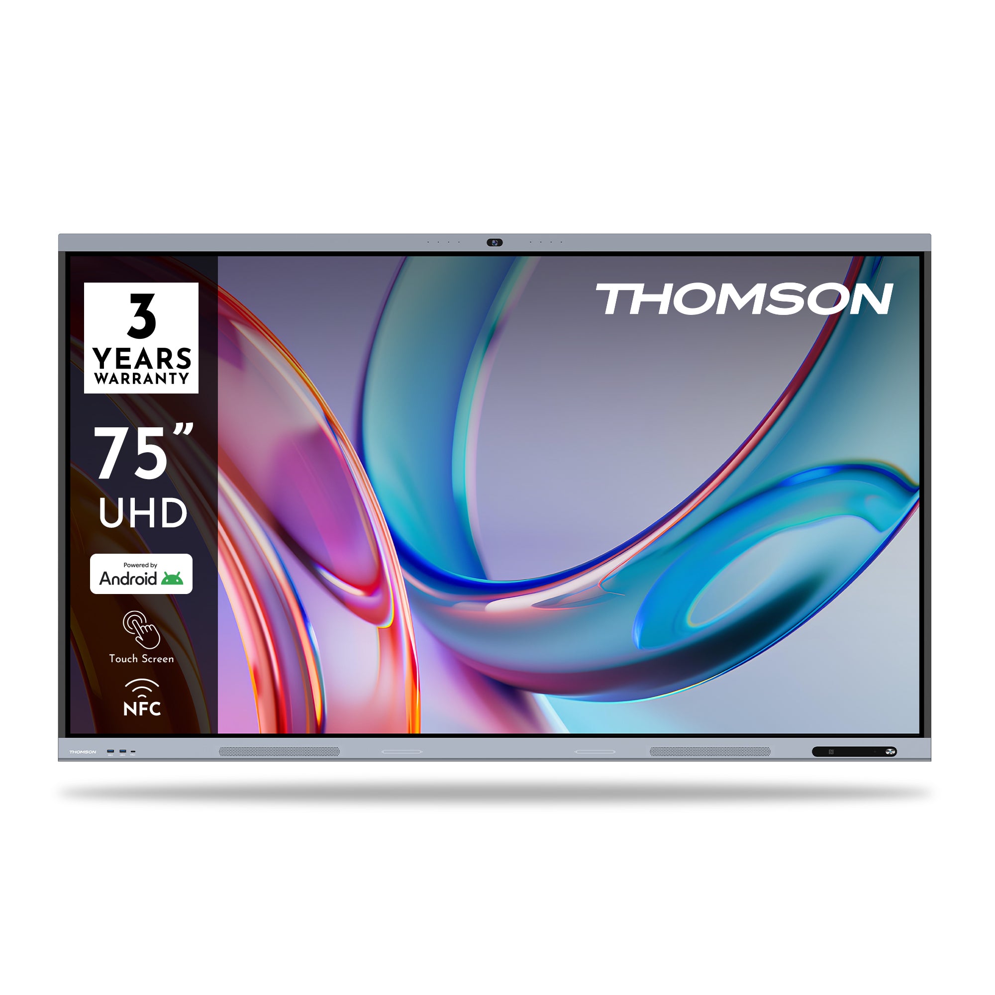 75-inch UHD Thomson TV with colorful display on a white background