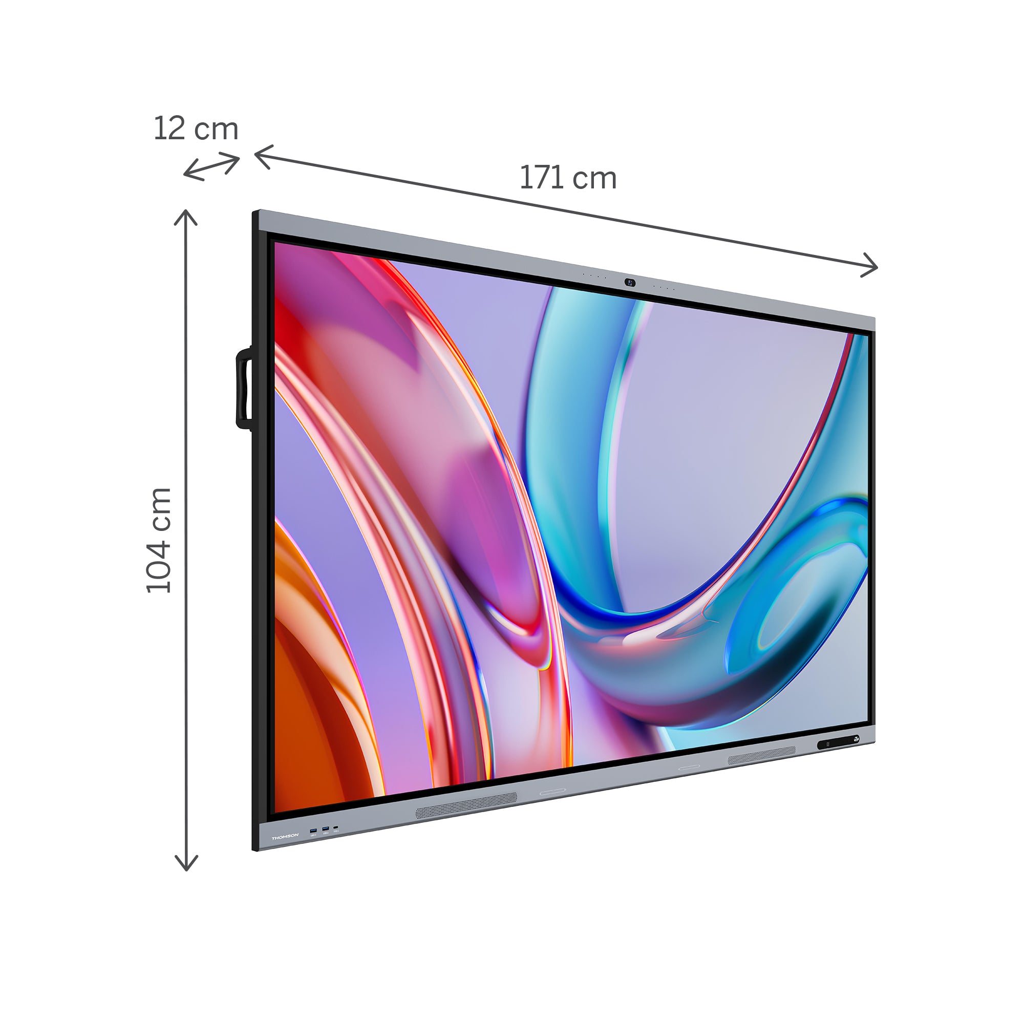 Smart board with dimensions labeled on a white background