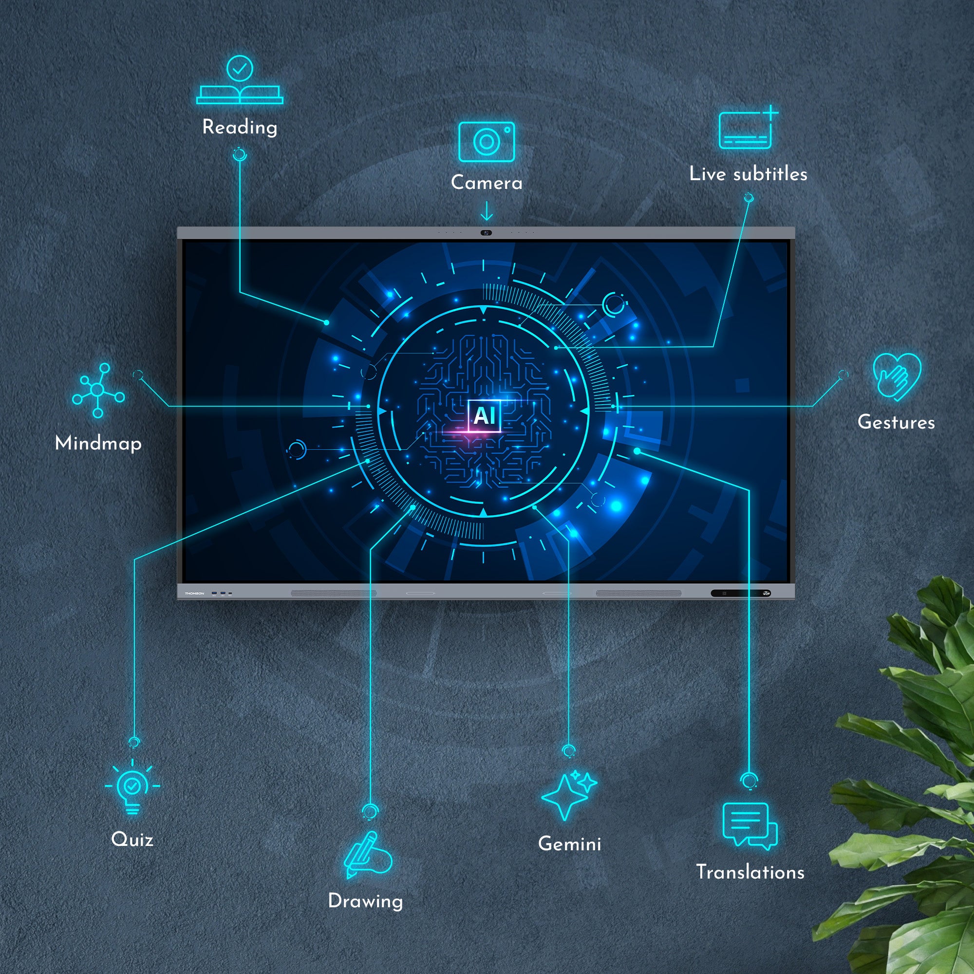 Smartboard with various features like camera, live subtitles, and AI on a dark background