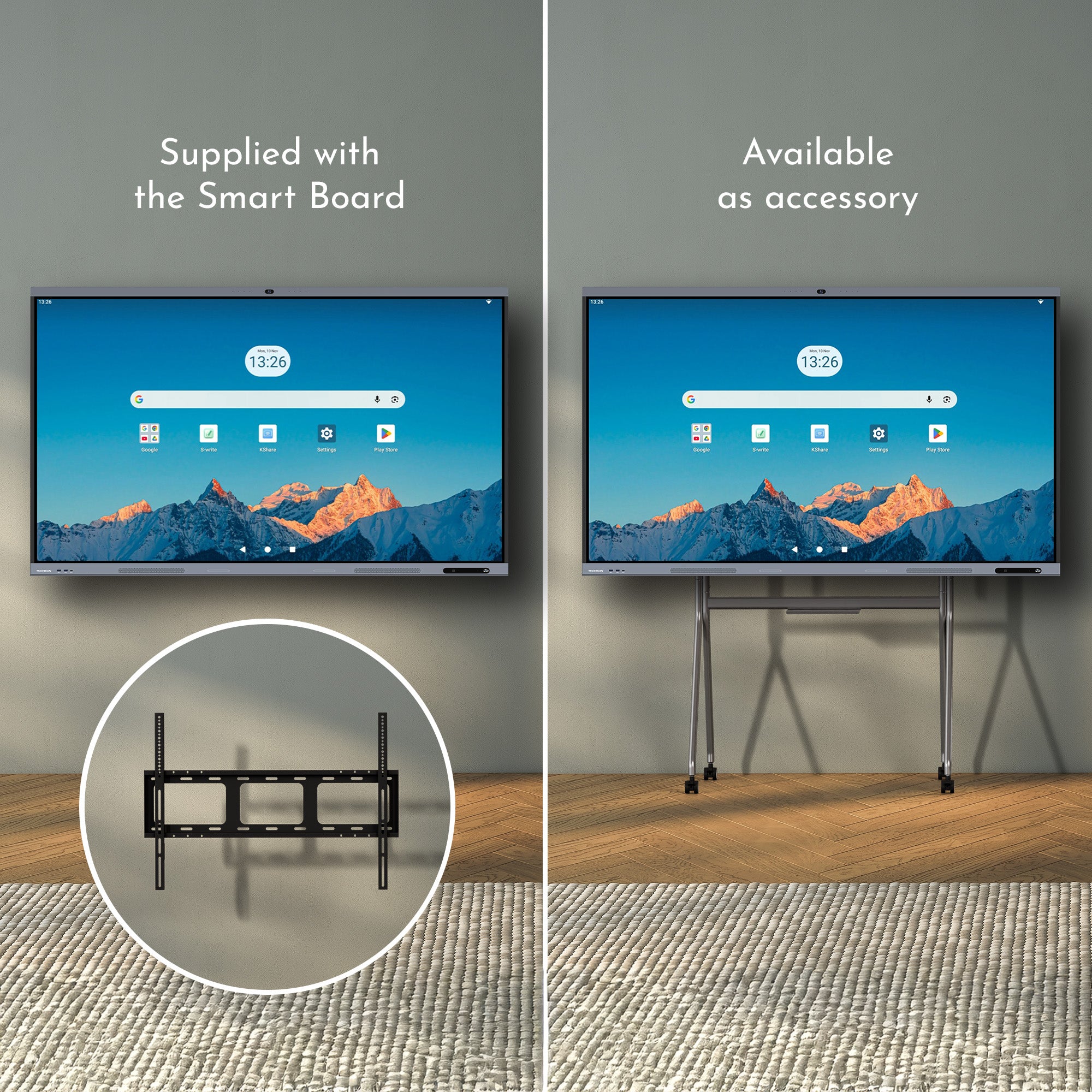 Smartboard mounted on a wall and on a stand with an inset showing a wall mount.