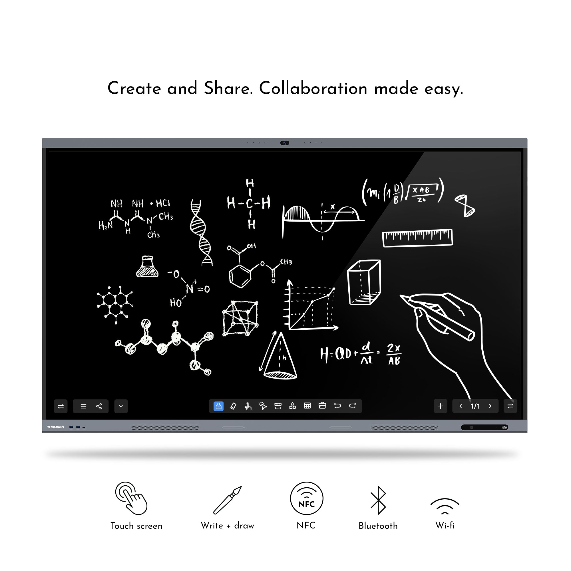 Smartboard with mathematical equations and diagrams on a black background, with a hand holding a stylus.