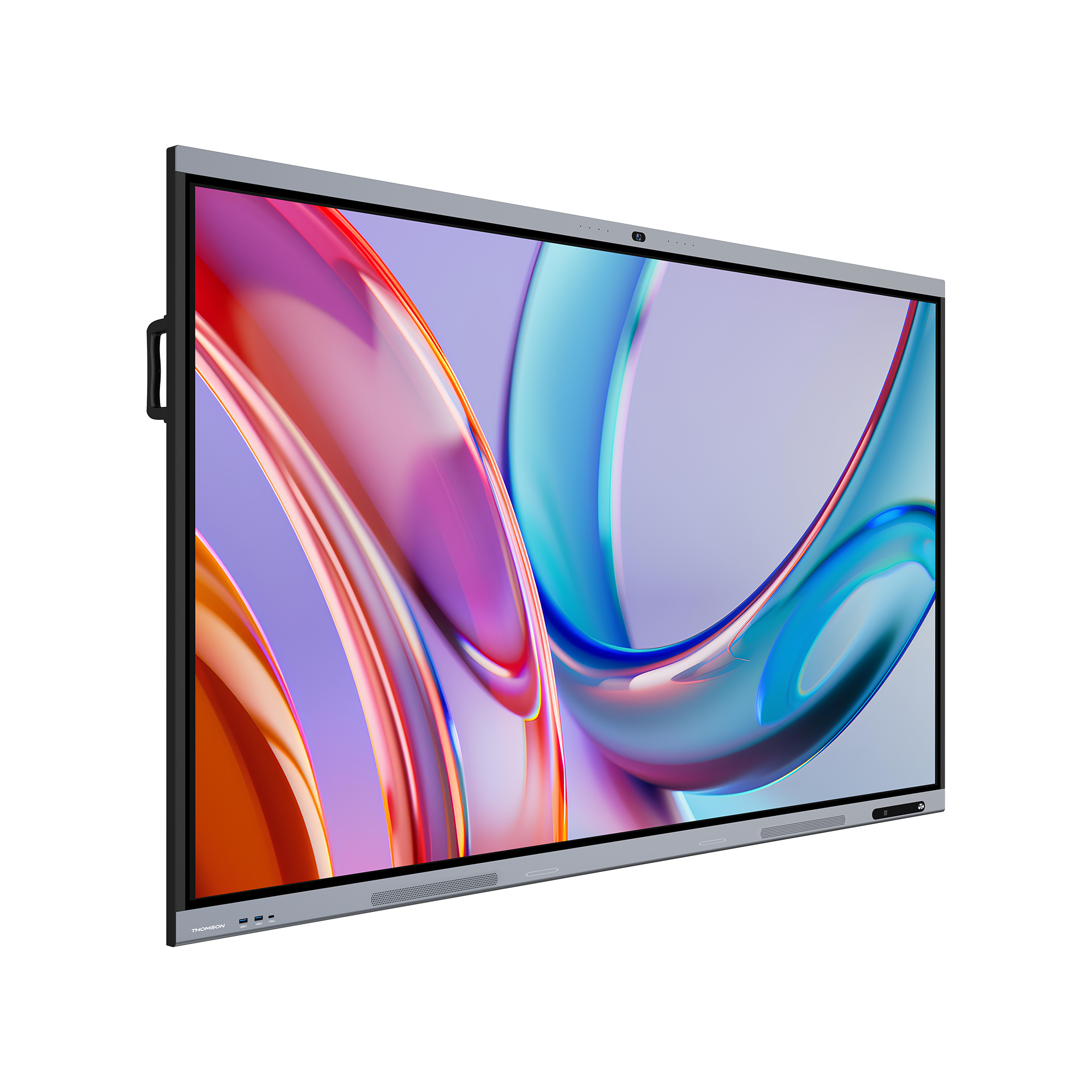 Large flat-screen smar board displaying colorful abstract design on a white background
