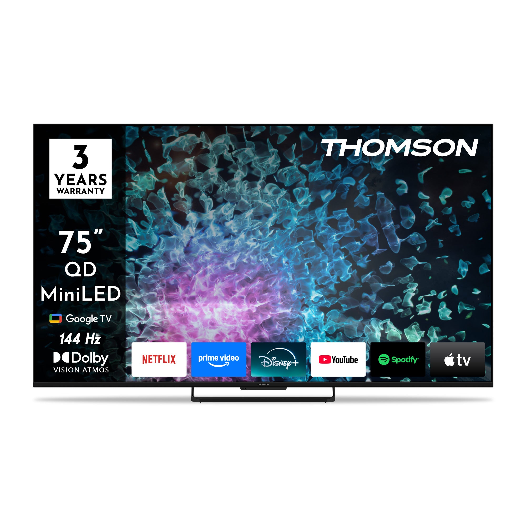 Thomson 75-inch QLED Miniled TV with various app icons on the screen