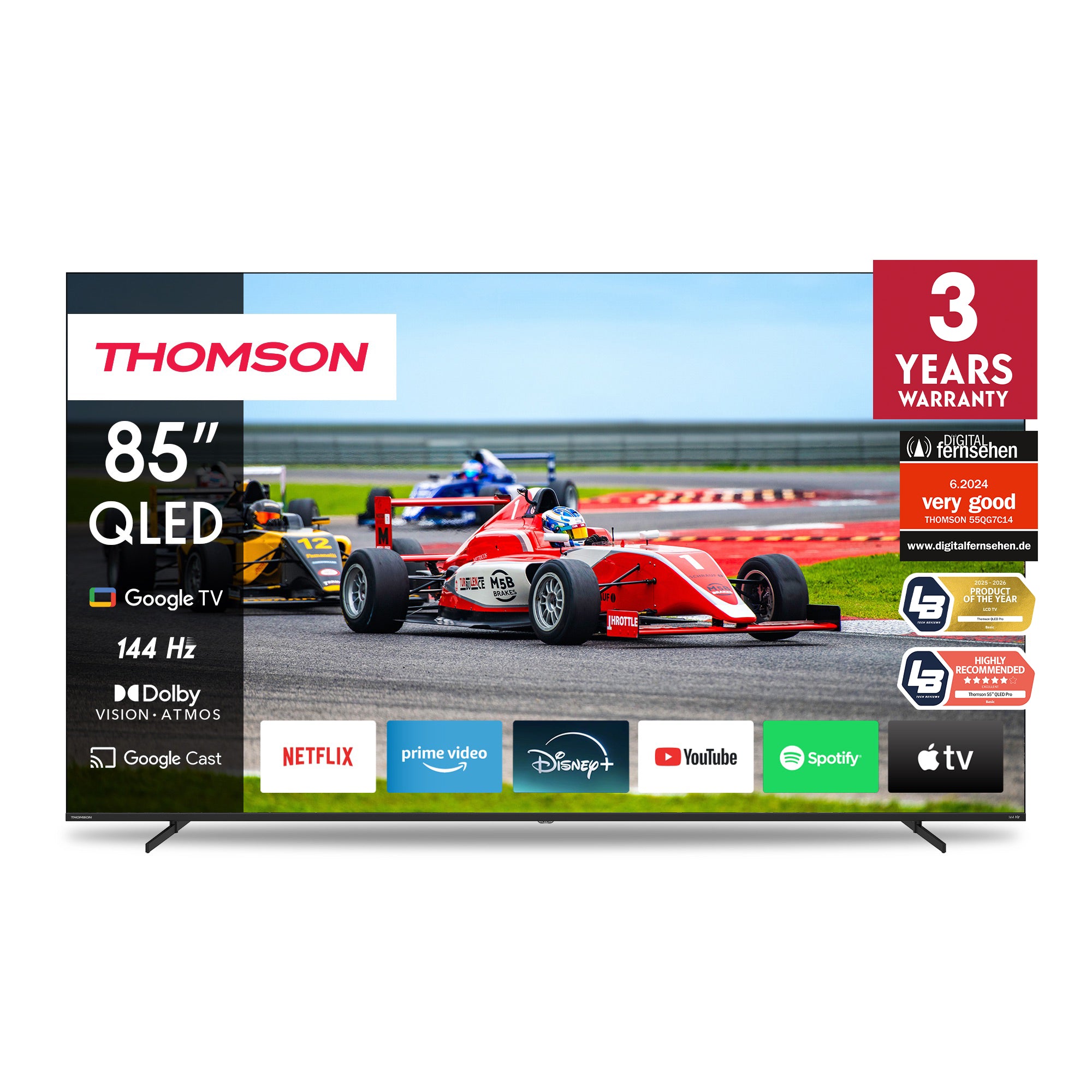 Thomson QLED TV displaying a racing game with various app icons below on a white background.