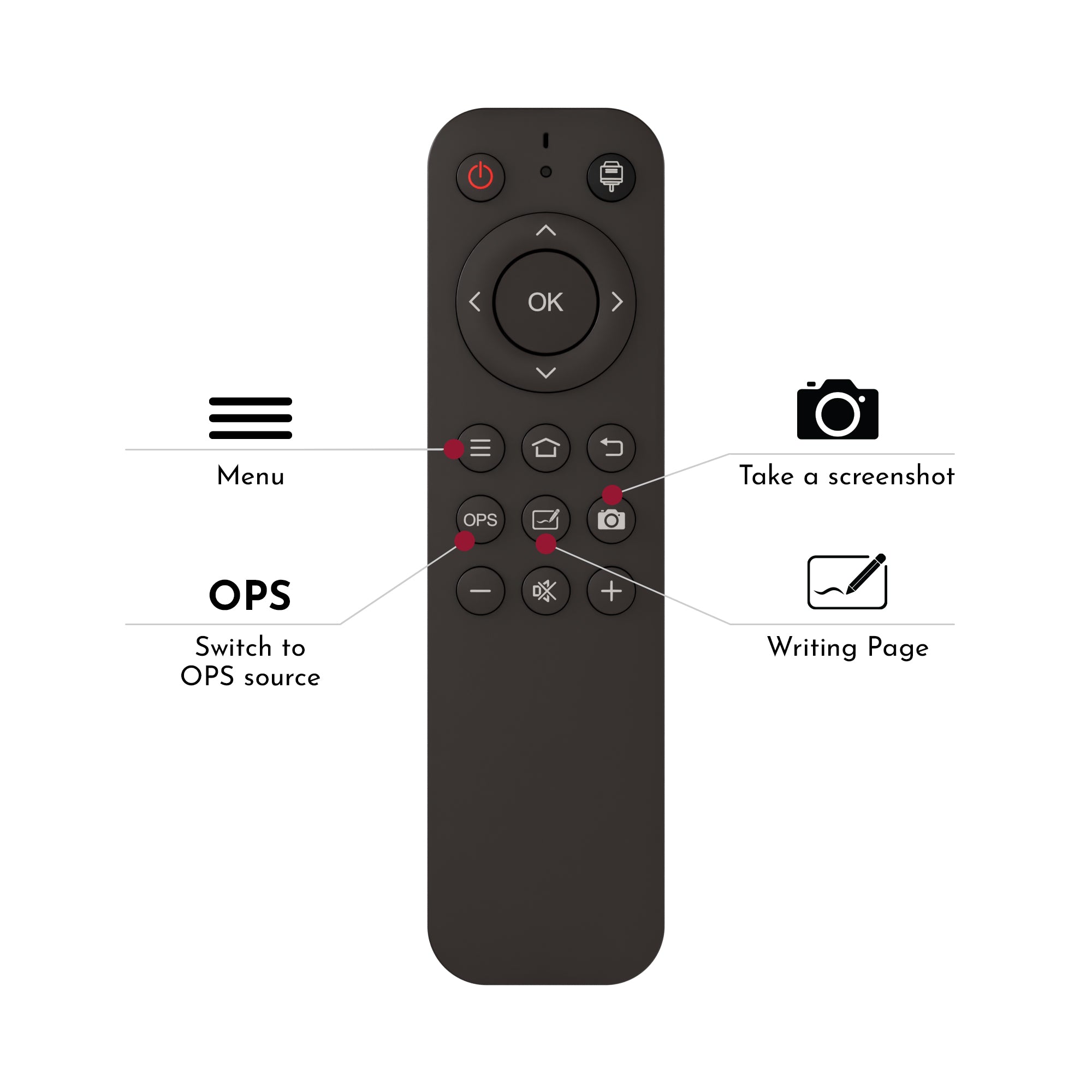 Black remote control with labeled buttons on a white background