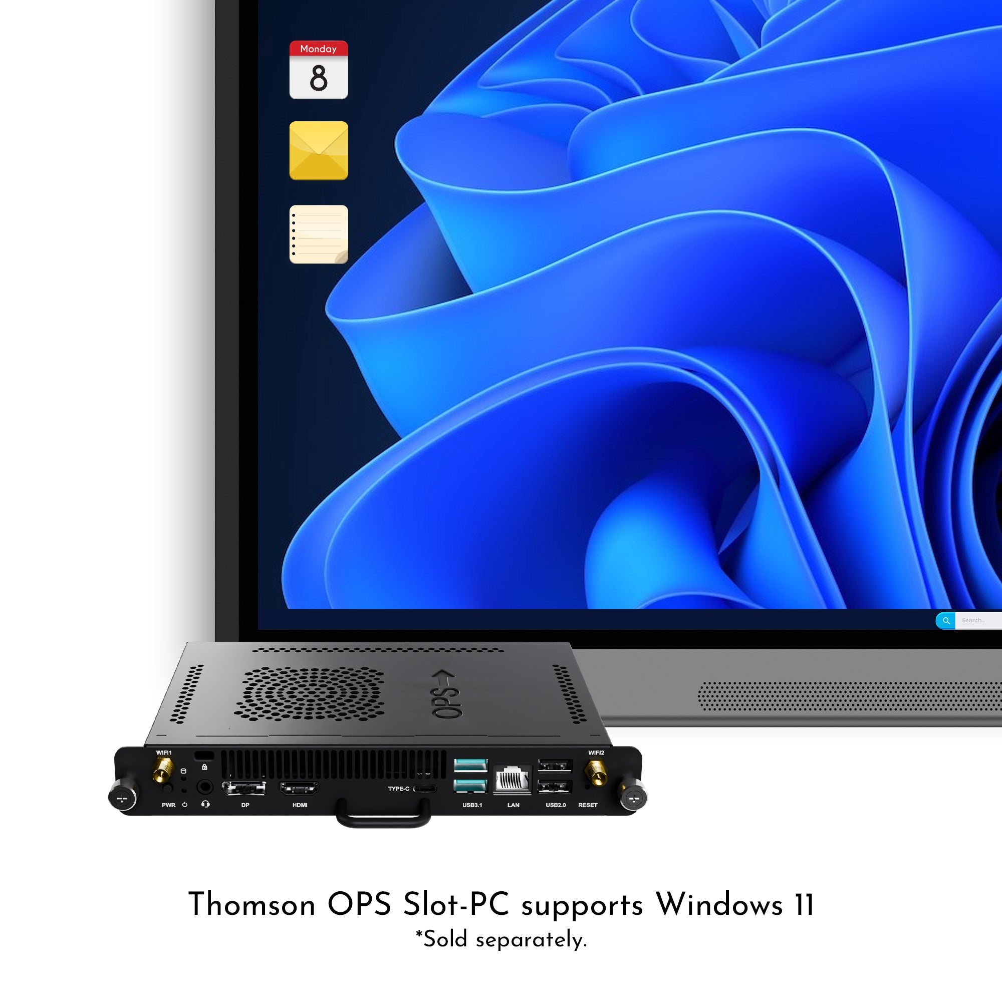 Thomson OPS Slot-PC with a computer monitor displaying a blue abstract design.