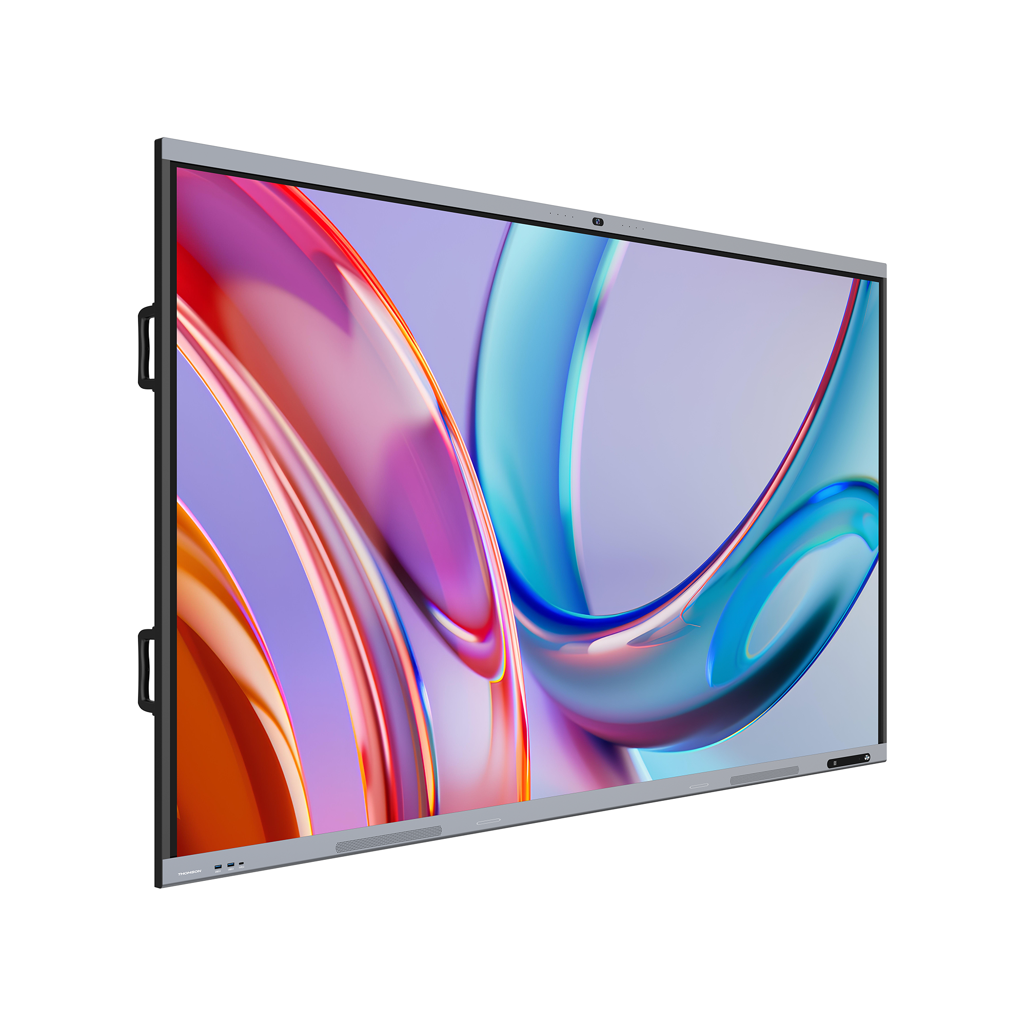 Large flat-screen TV with colorful abstract design on a white background