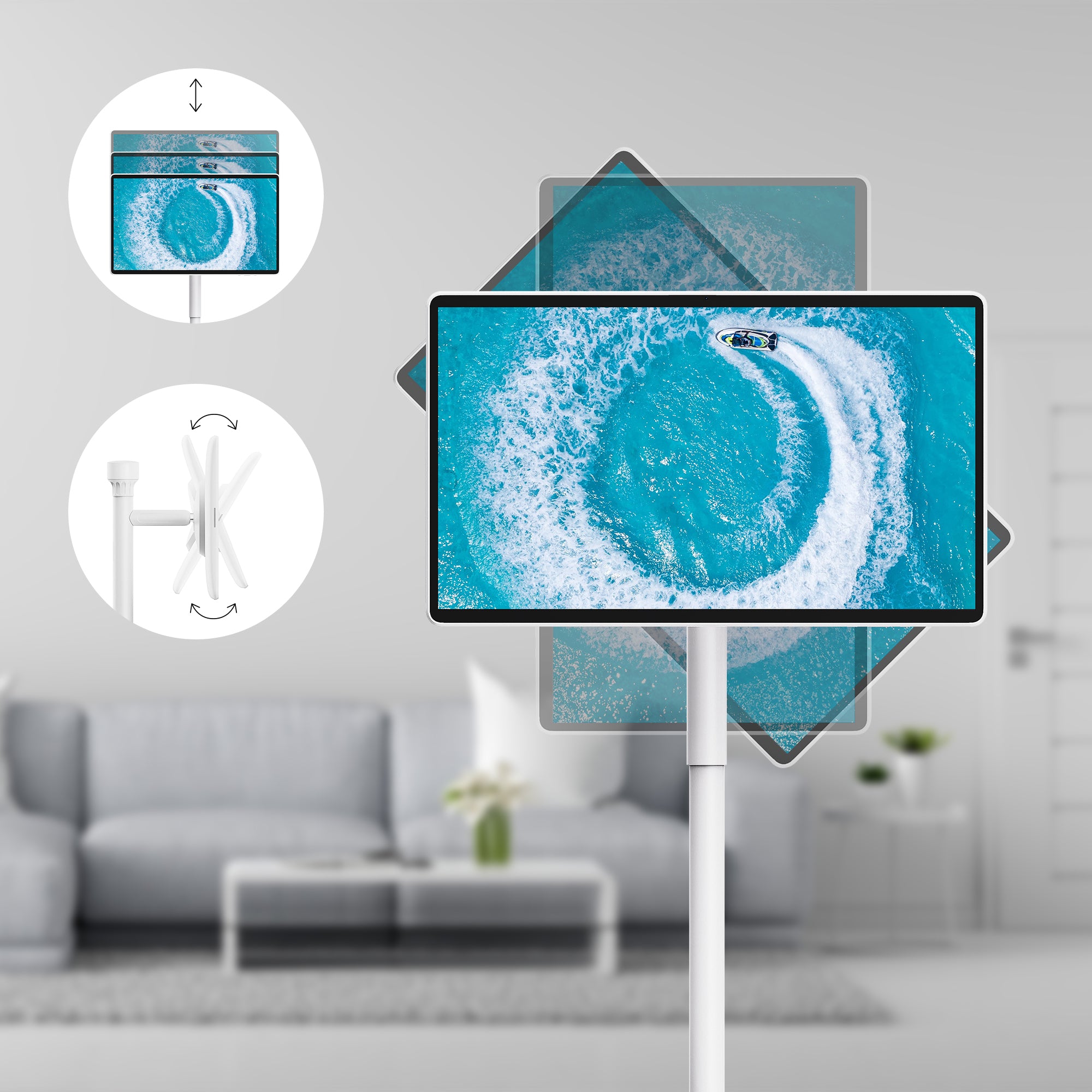 Smart display with a scenic view of boats on water with a living room background.