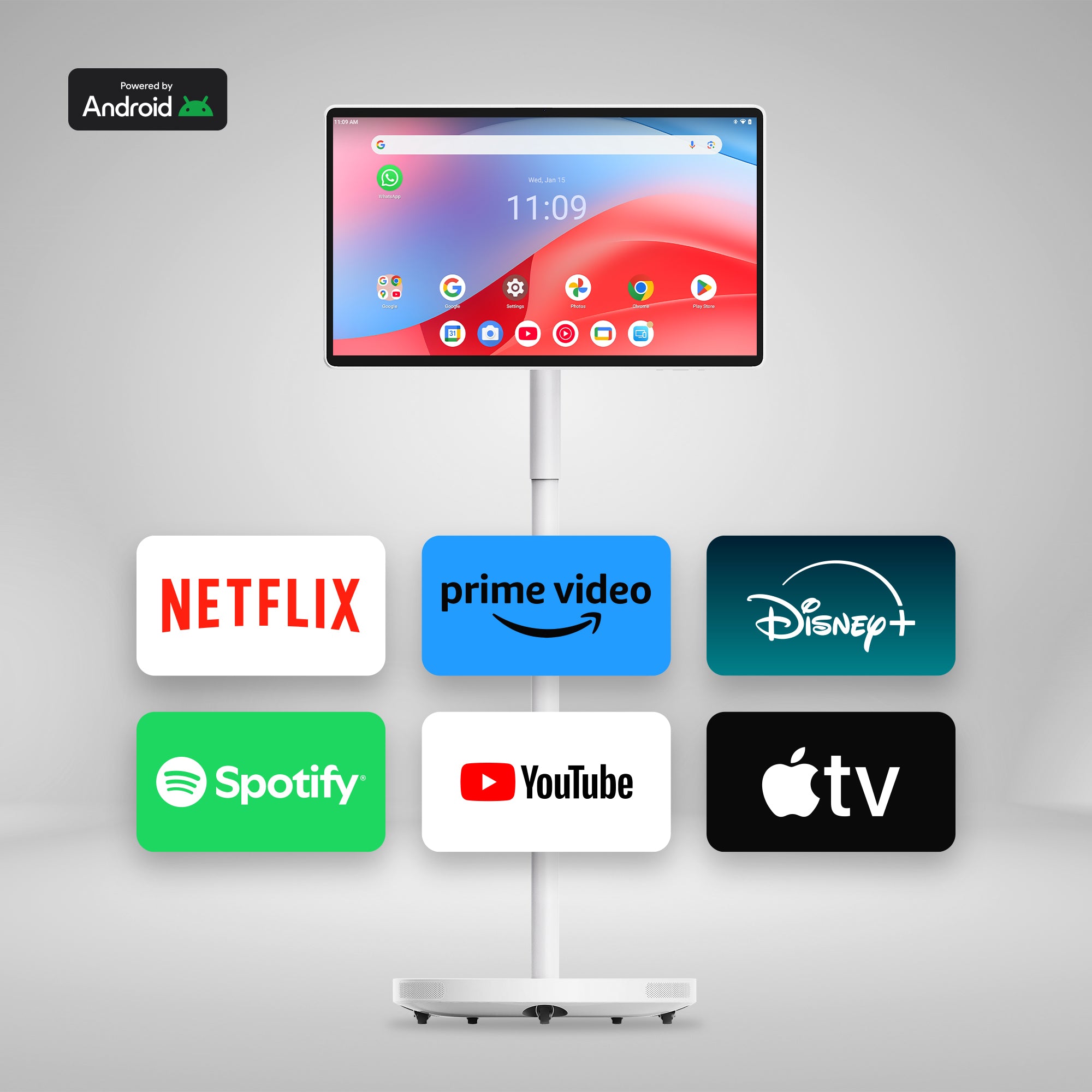 Smart TV on a stand with streaming service logos displayed below on a gray background