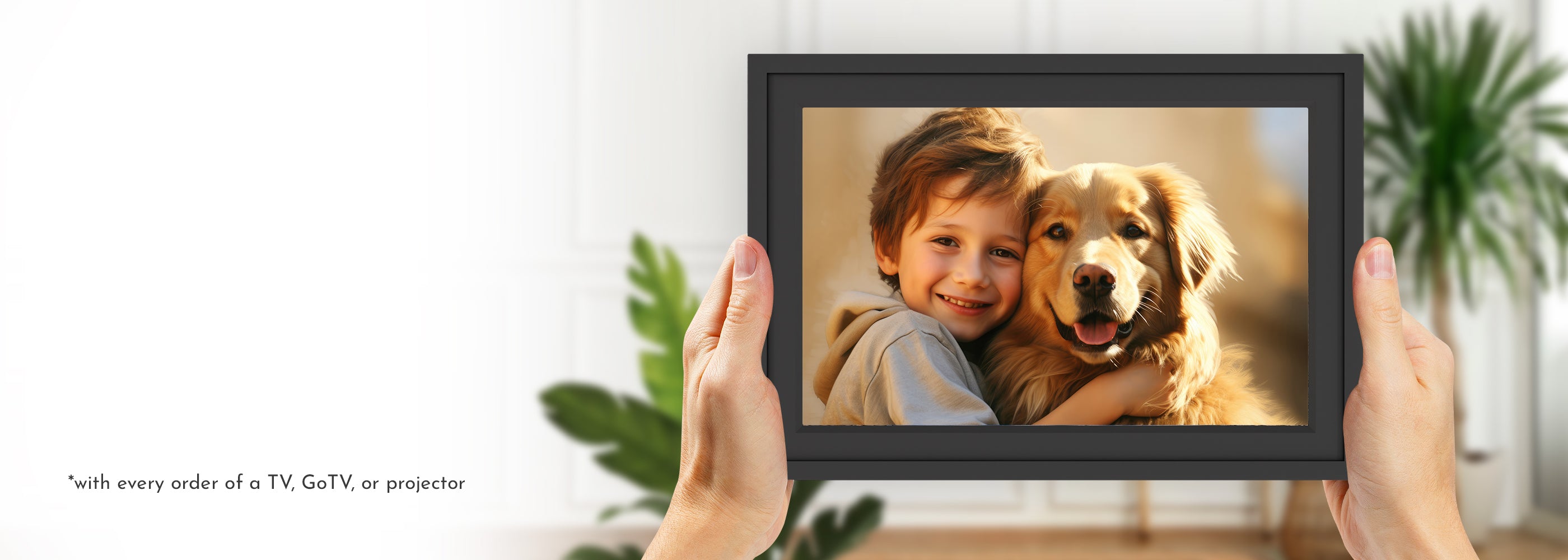 Smart photo frame with digital photos of a boy and a dog.