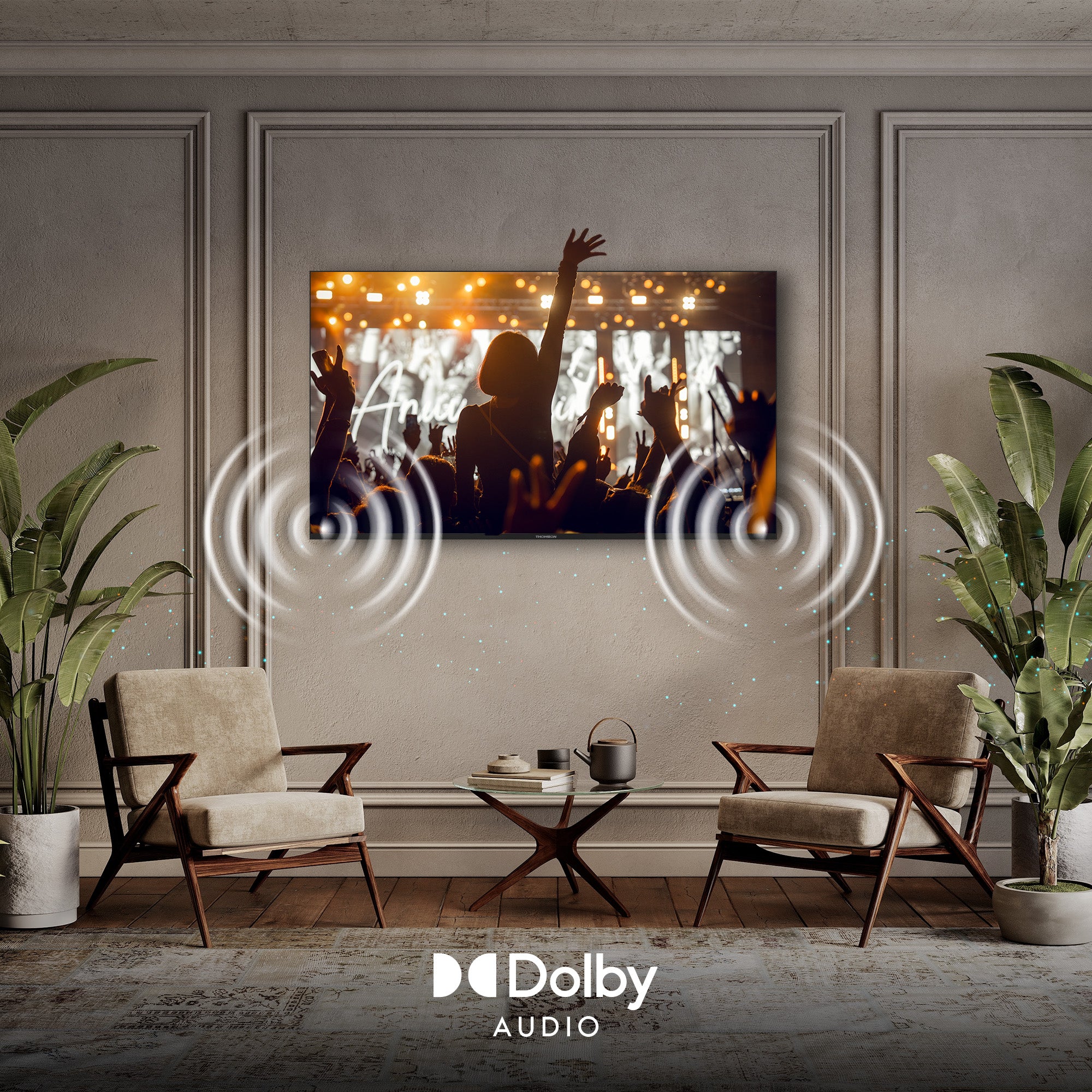 Living room with a TV displaying a concert scene, Dolby Audio logo visible.