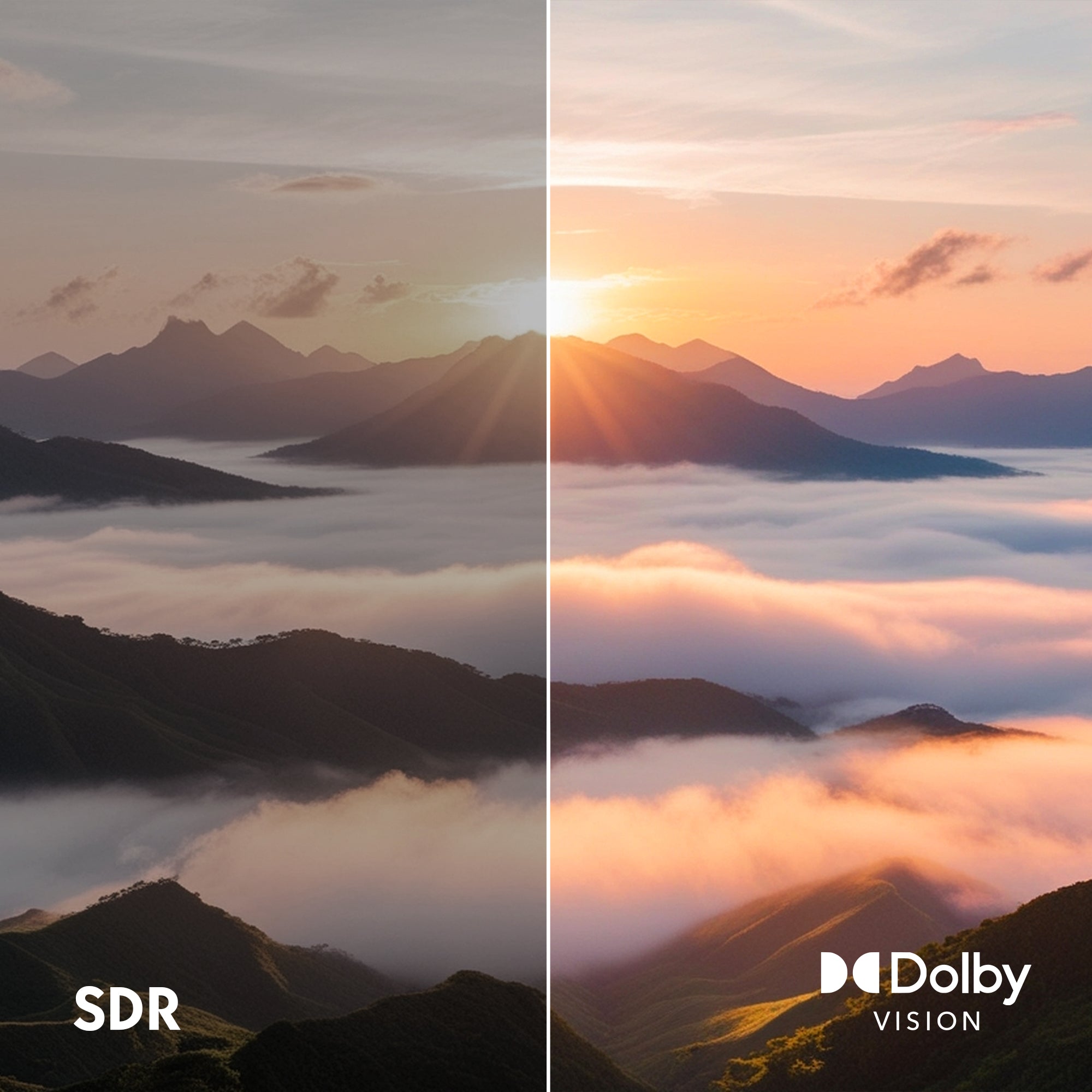 Comparison of SDR and Dolby Vision display on a mountain landscape with sunset.