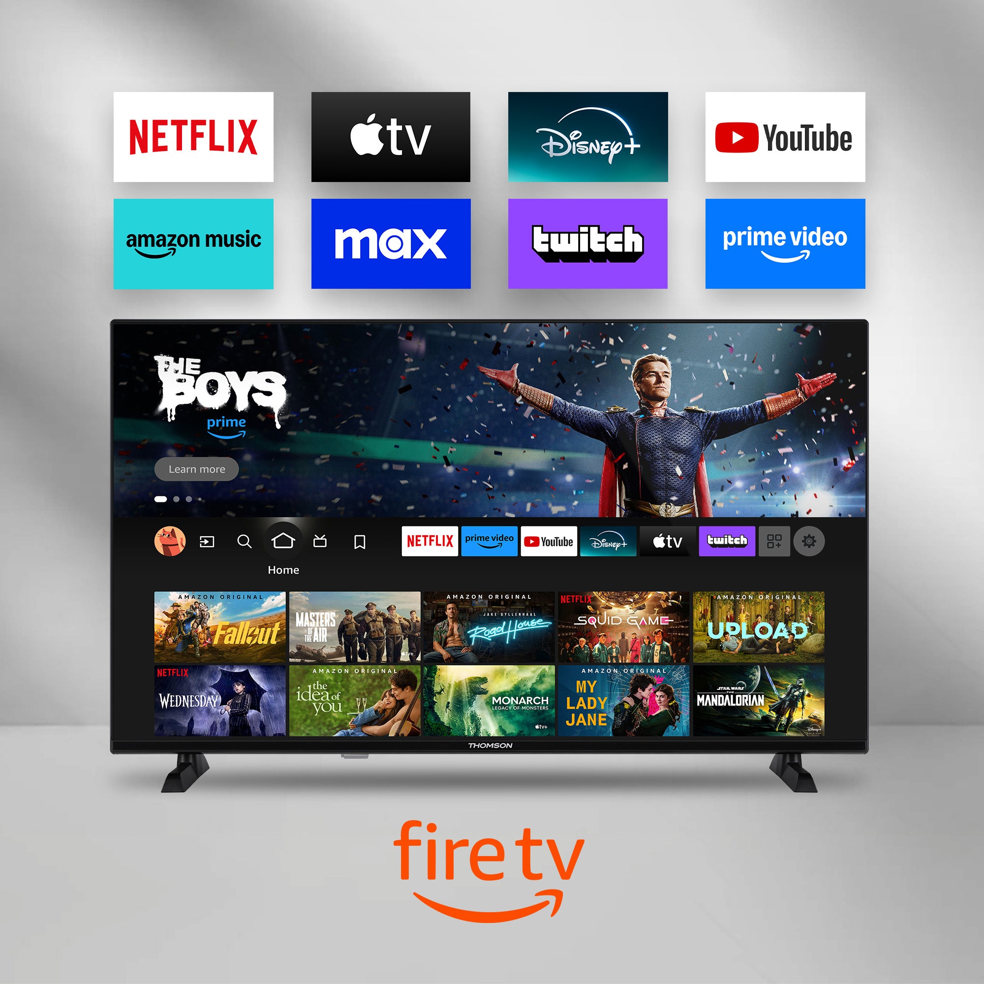 Amazon Fire TV with streaming app icons on a gray background