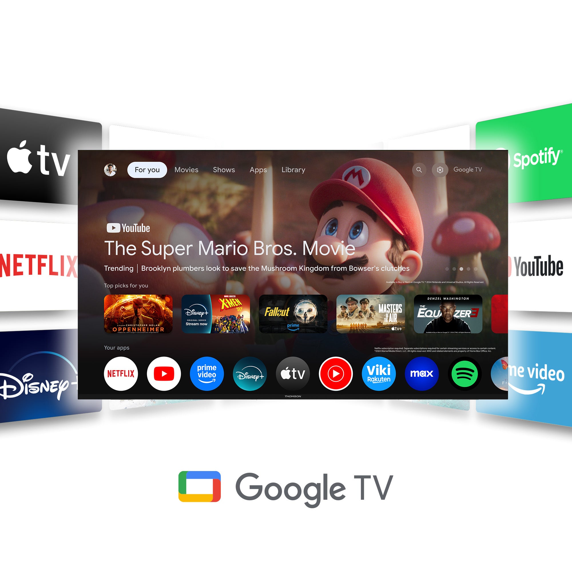 Google TV interface with various app icons on a white background